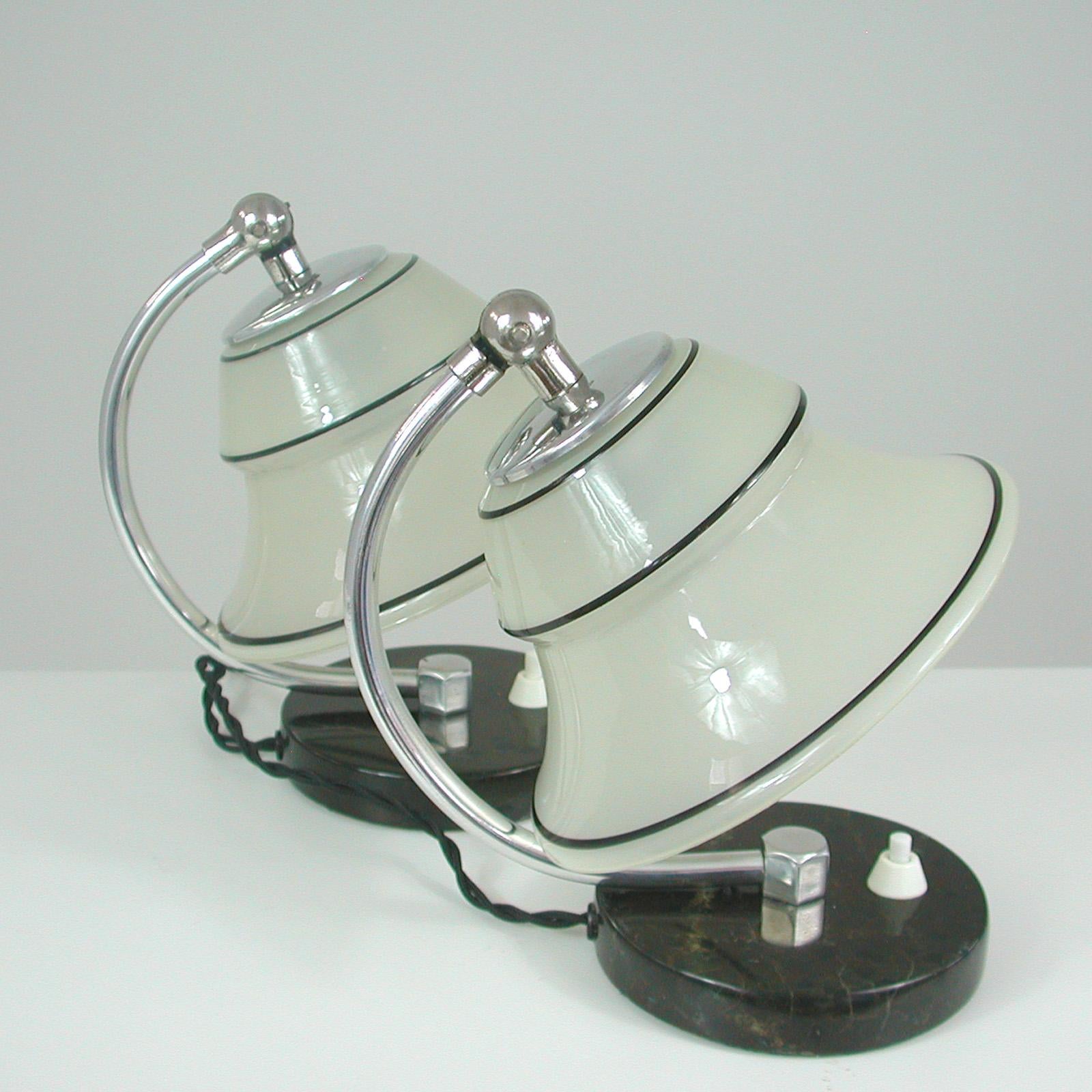 German Art Deco Enameled Satin Glass, Marble and Aluminum Table Lamps, 1930s For Sale 12