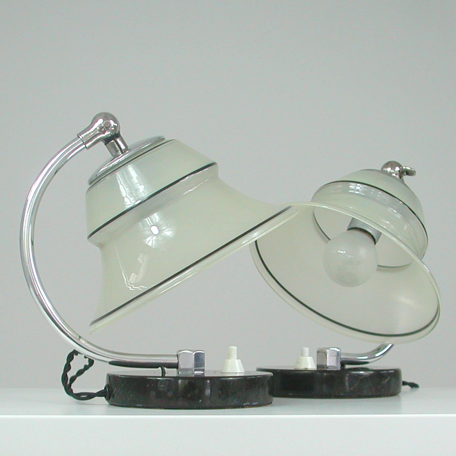 German Art Deco Enameled Satin Glass, Marble and Aluminum Table Lamps, 1930s For Sale 13