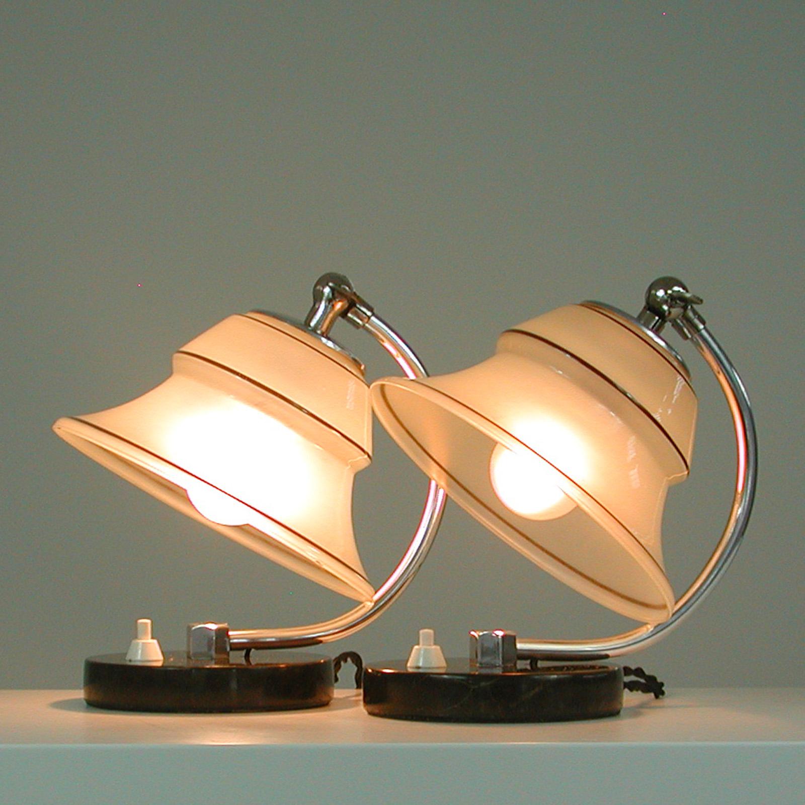 German Art Deco Enameled Satin Glass, Marble and Aluminum Table Lamps, 1930s For Sale 14