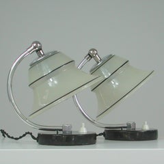 German Art Deco Enameled Satin Glass, Marble and Aluminum Table Lamps, 1930s