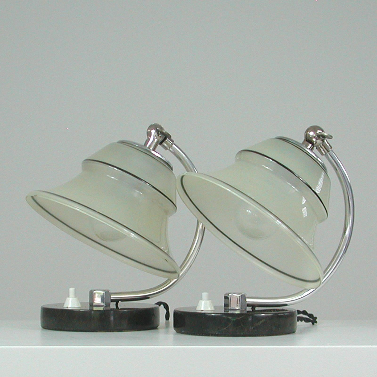Mid-20th Century German Art Deco Enameled Satin Glass, Marble and Aluminum Table Lamps, 1930s For Sale