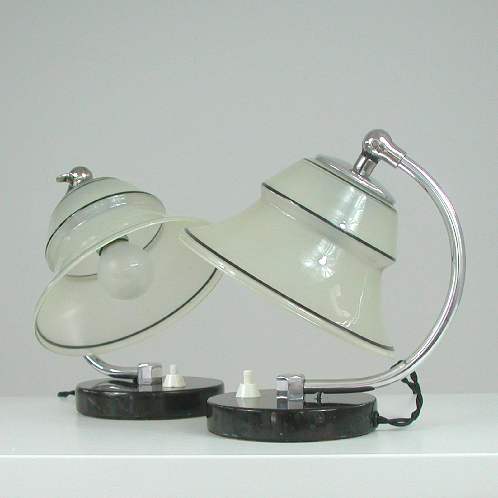 German Art Deco Enameled Satin Glass, Marble and Aluminum Table Lamps, 1930s For Sale 4