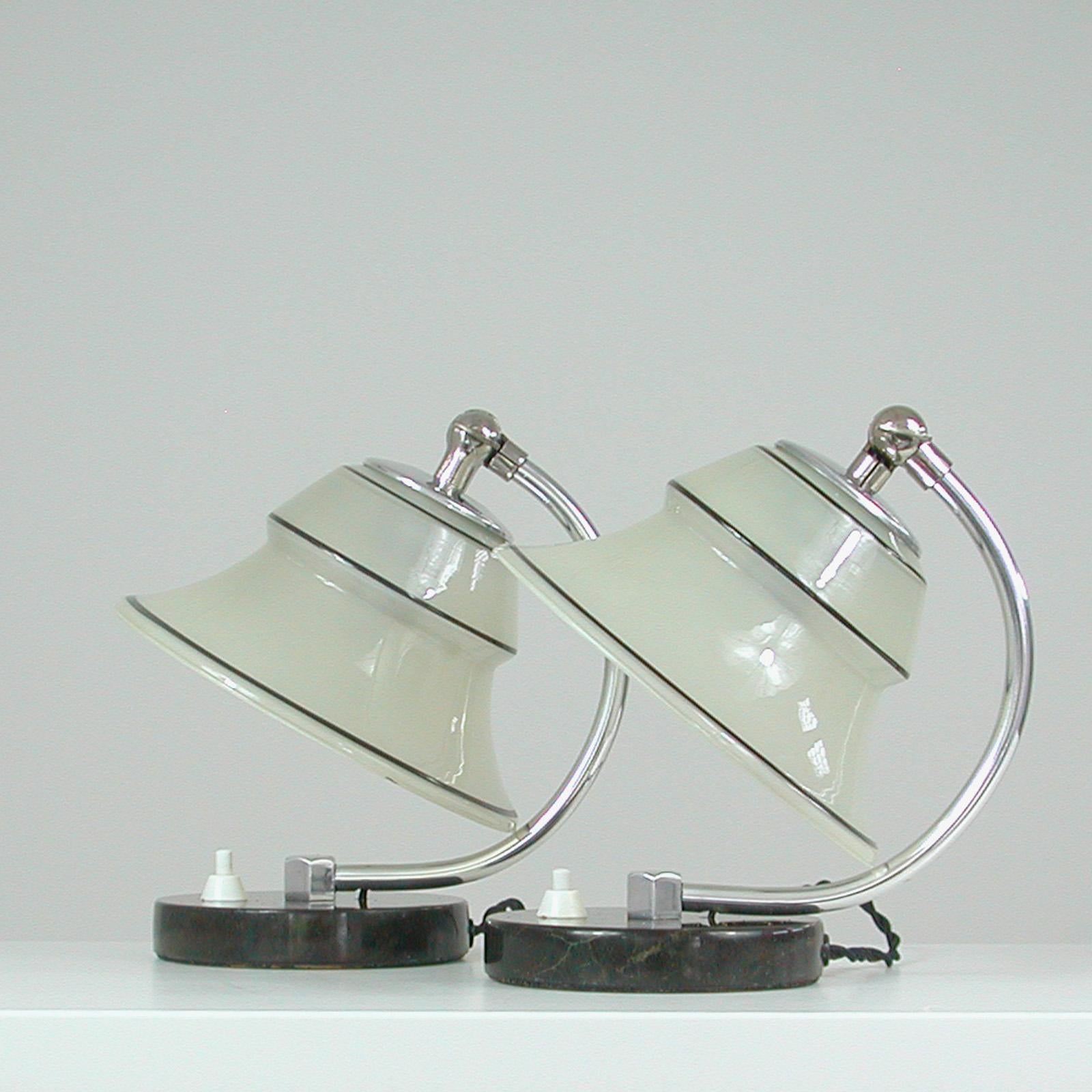 German Art Deco Enameled Satin Glass, Marble and Aluminum Table Lamps, 1930s For Sale 5