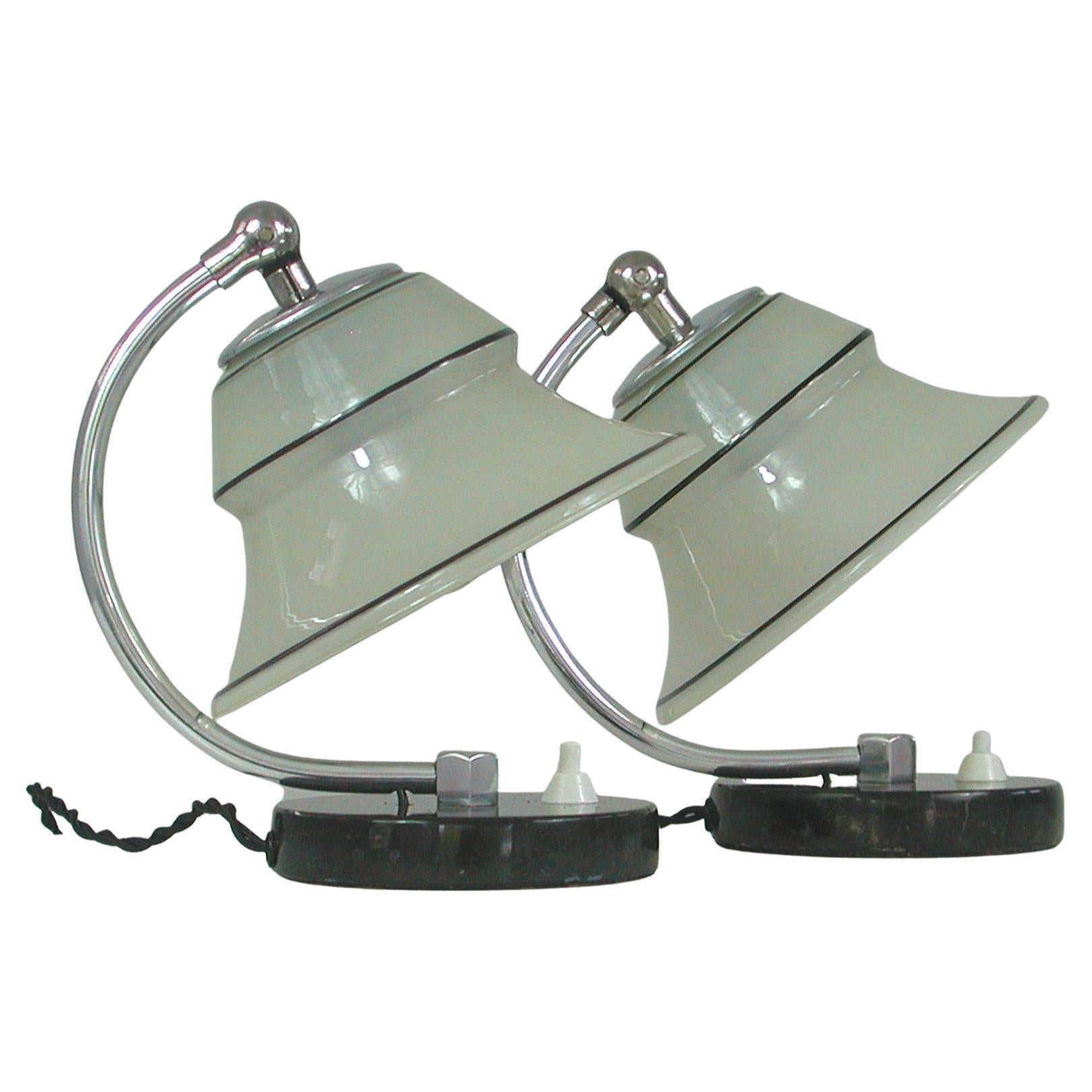 German Art Deco Enameled Satin Glass, Marble and Aluminum Table Lamps, 1930s For Sale