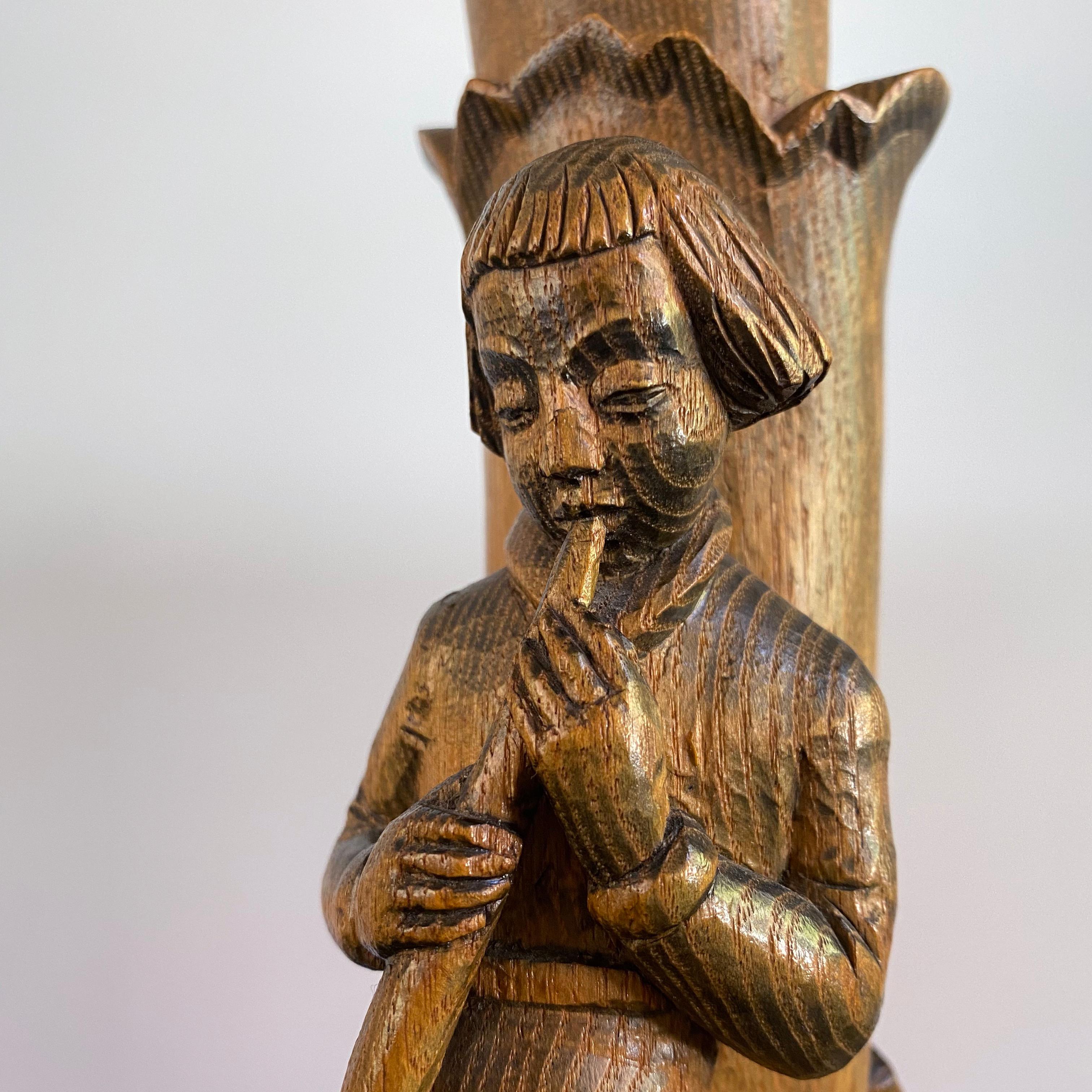 Hand-Carved German Art Deco Figural Wooden Lamp For Sale