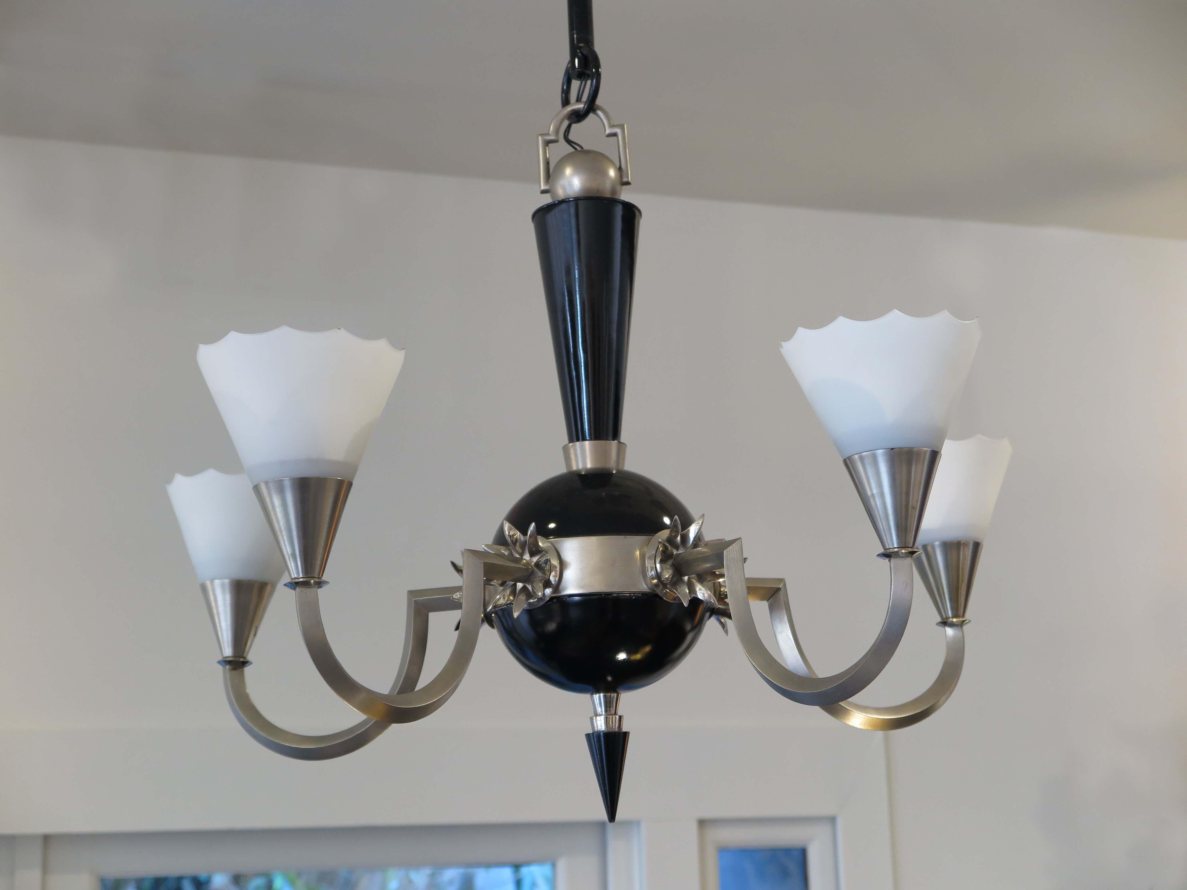German Art Deco Five-Arm Chrome Chandelier In Good Condition For Sale In Los Angeles, CA