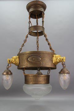 German Art Deco Four-Light Metal and Frosted Glass Chandelier with Dog Heads