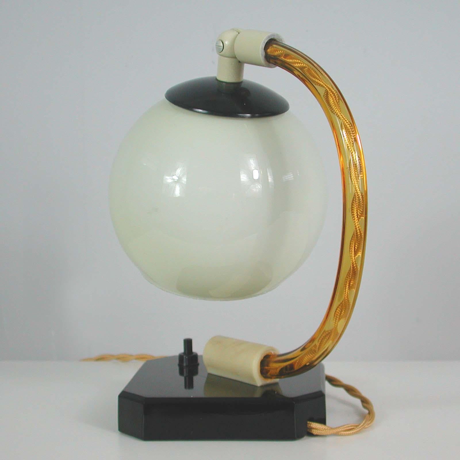 Mid-20th Century German Art Deco Glass, Bakelite and Opaline Table Lamp, 1930s