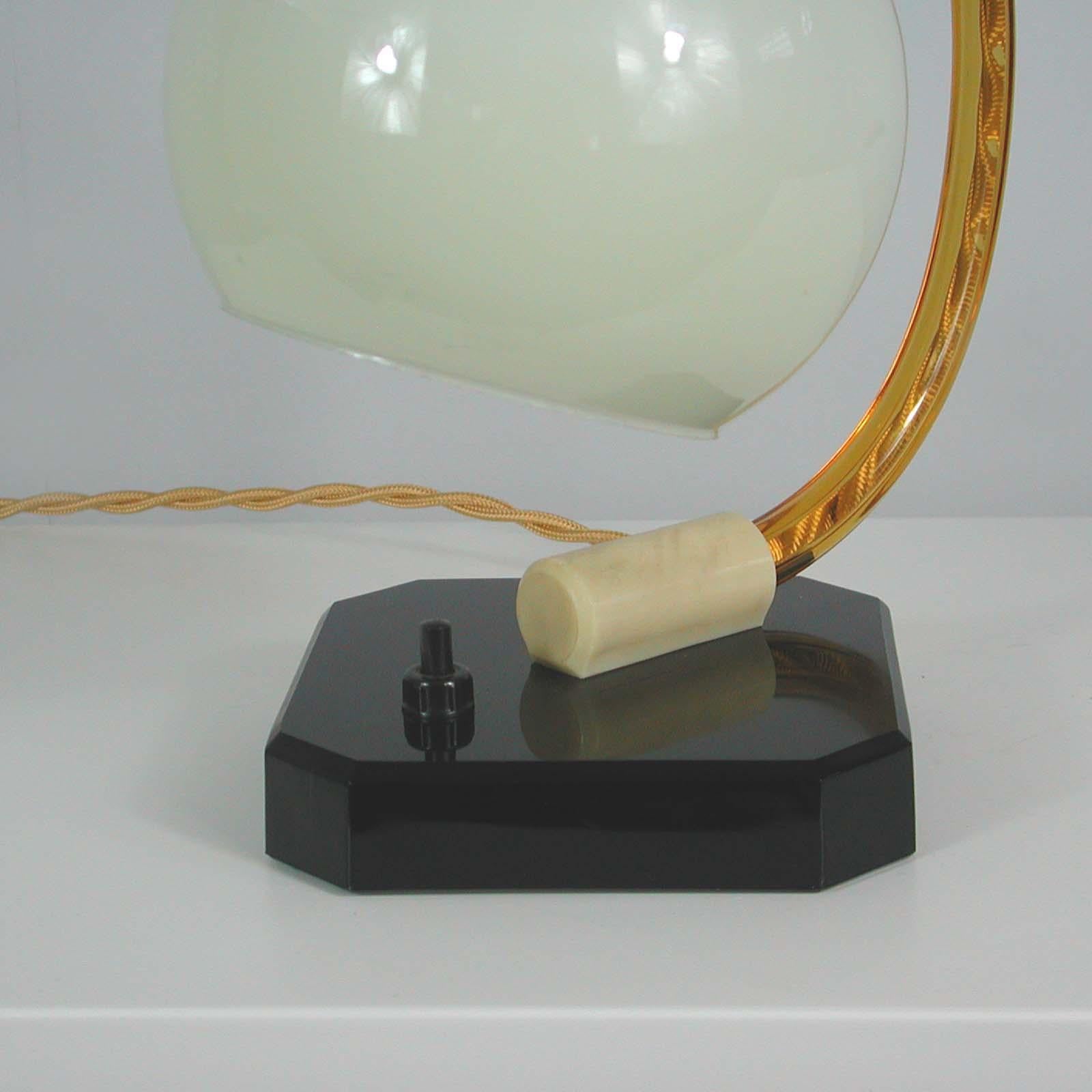 Aluminum German Art Deco Glass, Bakelite and Opaline Table Lamp, 1930s