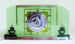 Deutsche mechanische deutsche Schreibtischuhr aus Glas, Chrom, Kupfer und Bronze im Art-déco-Stil