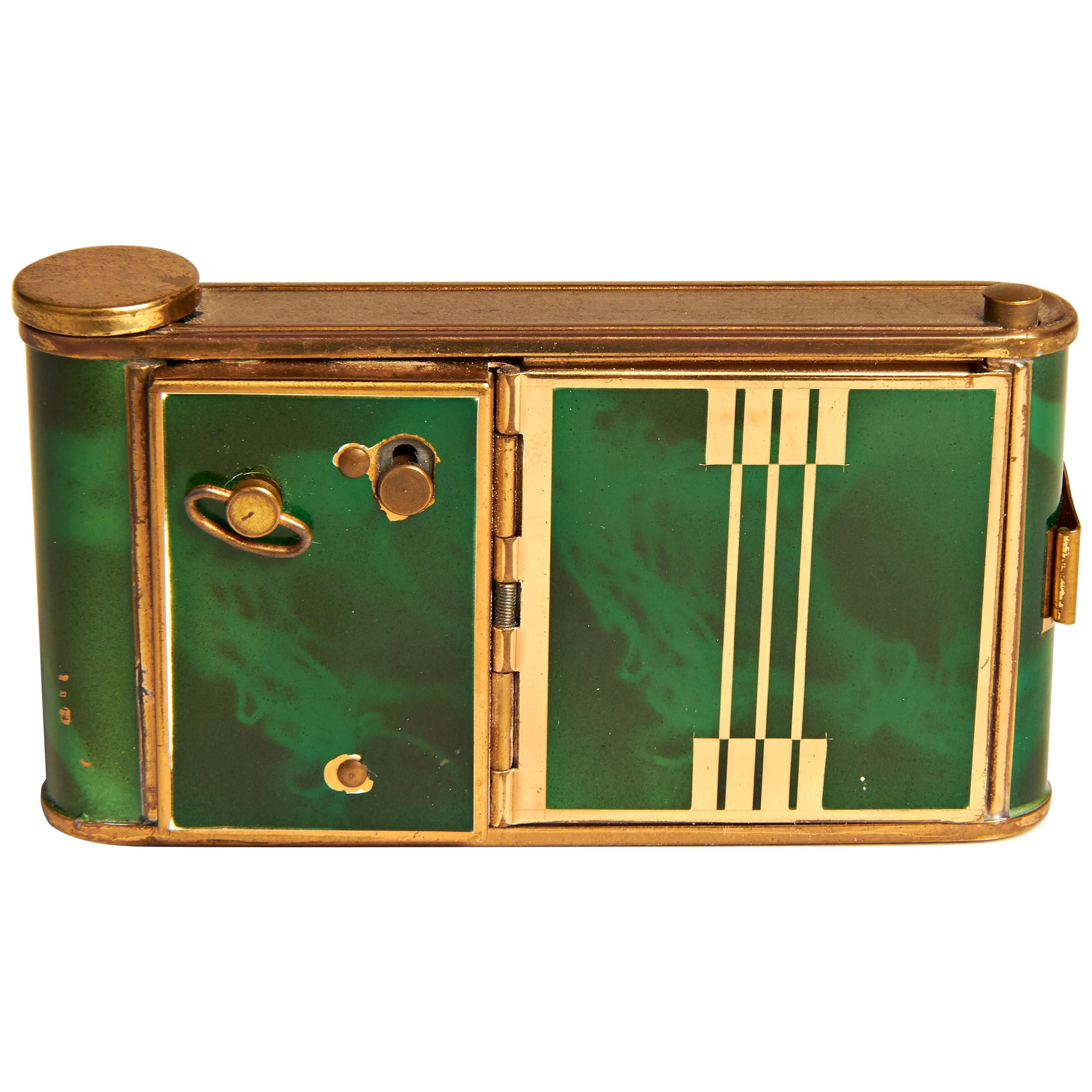 German Art Deco Green Tortoiseshell Enamel, Musical, Manicure, Camera Compact