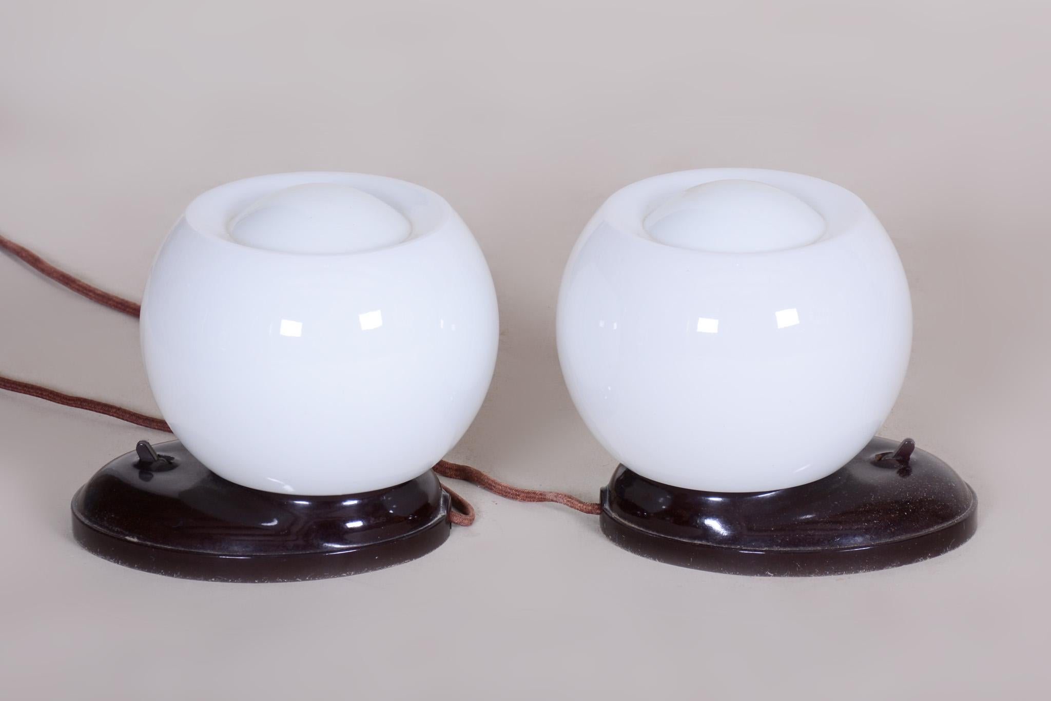 Milk Glass German Art Deco Lamps, Original Condition, 1930s, Bakelite and Glass For Sale