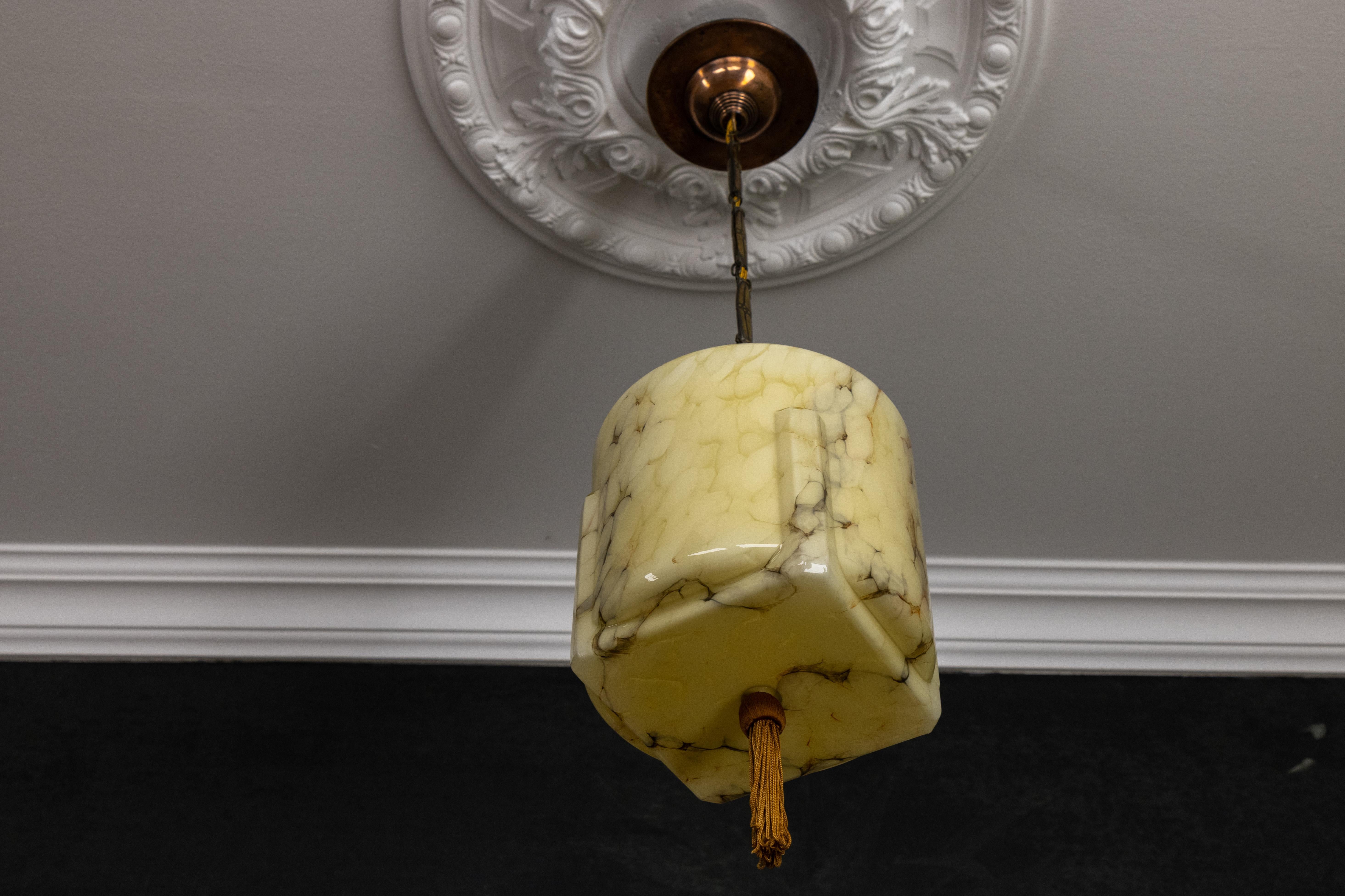 German Art Deco Marbled Amber Color Glass and Copper Pendant Light, 1930s For Sale 7