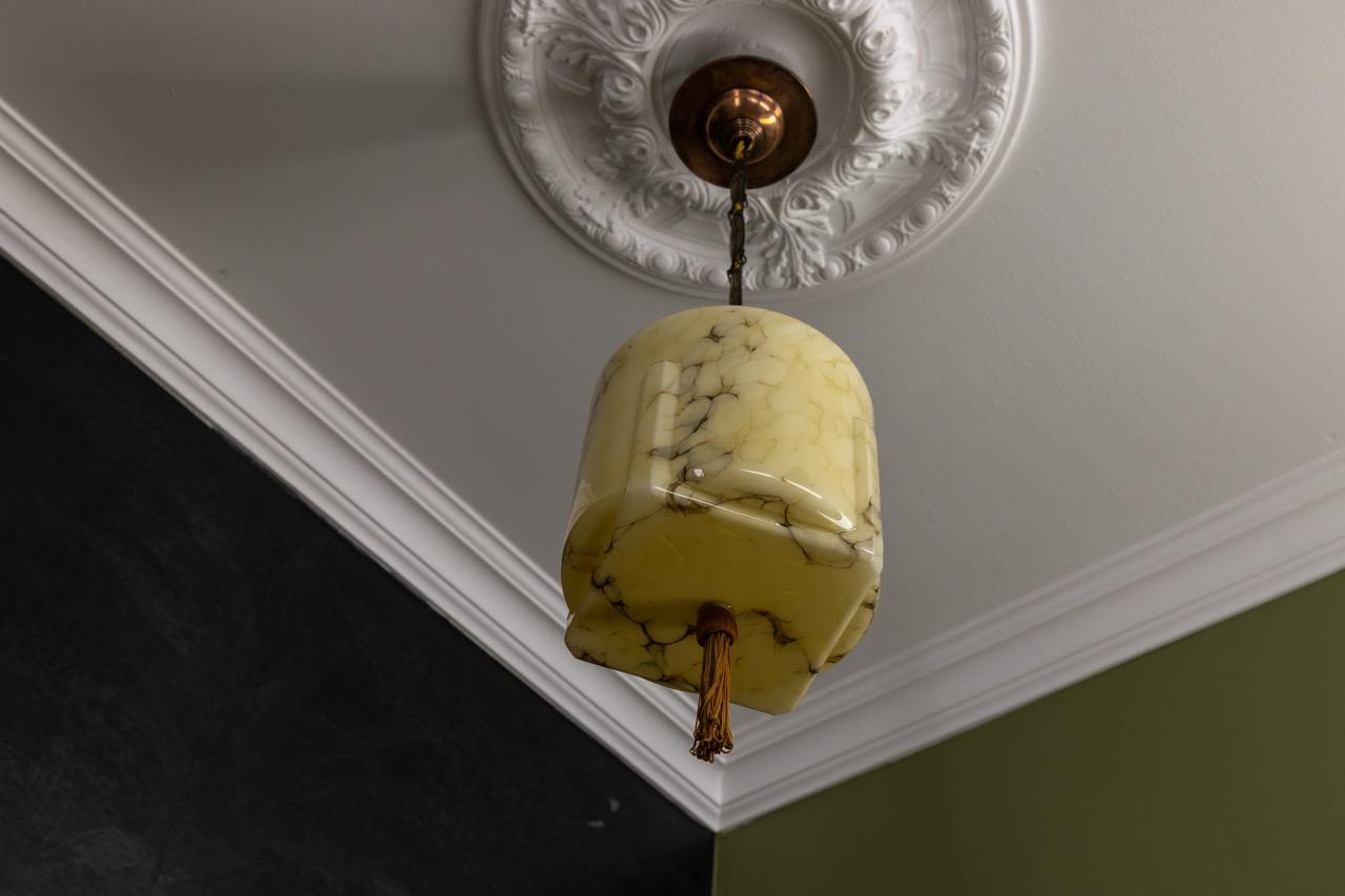 German Art Deco Marbled Amber Color Glass and Copper Pendant Light, 1930s For Sale 8