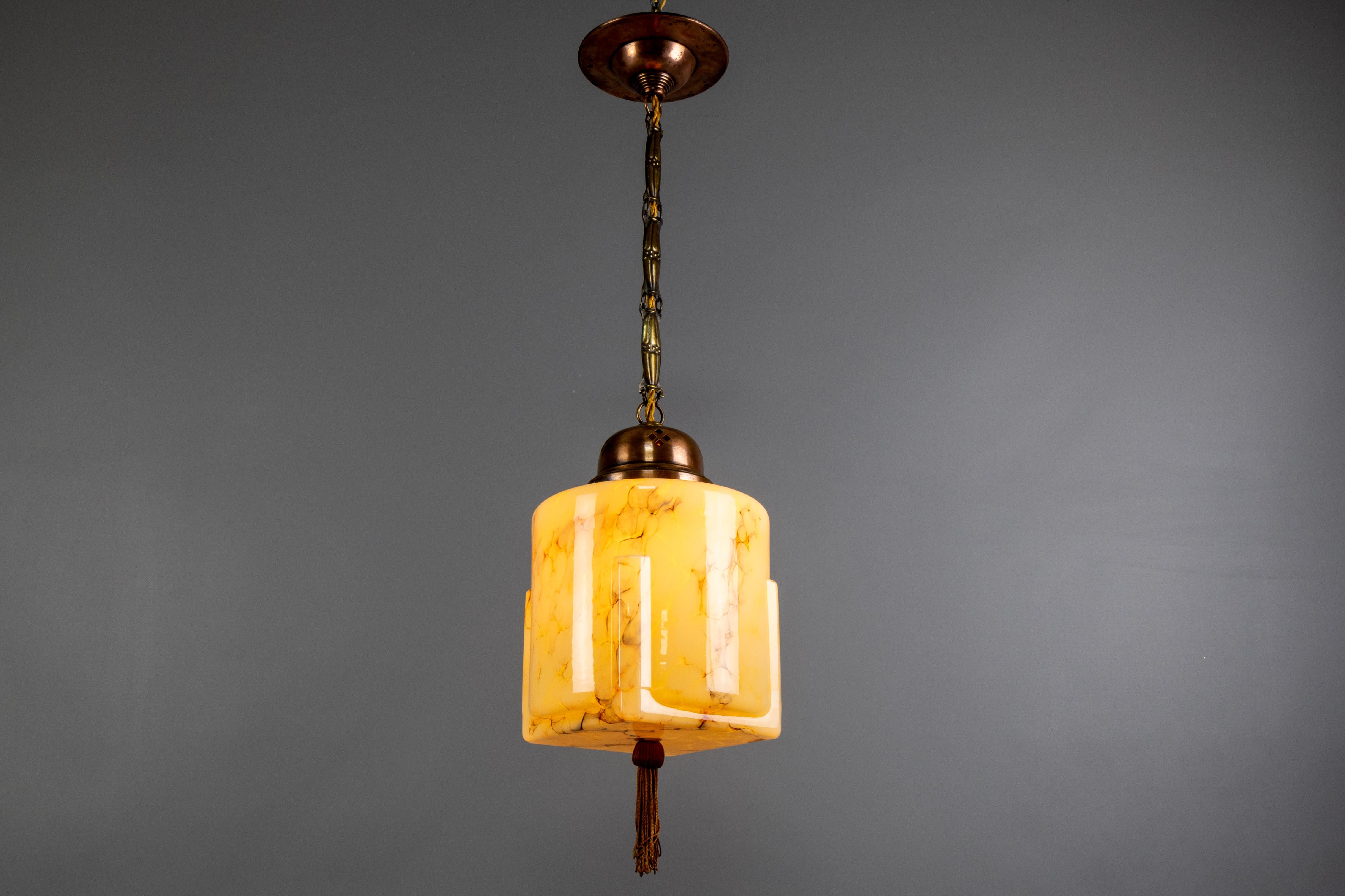 German Art Deco Marbled Amber Color Glass and Copper Pendant Light, 1930s For Sale 9