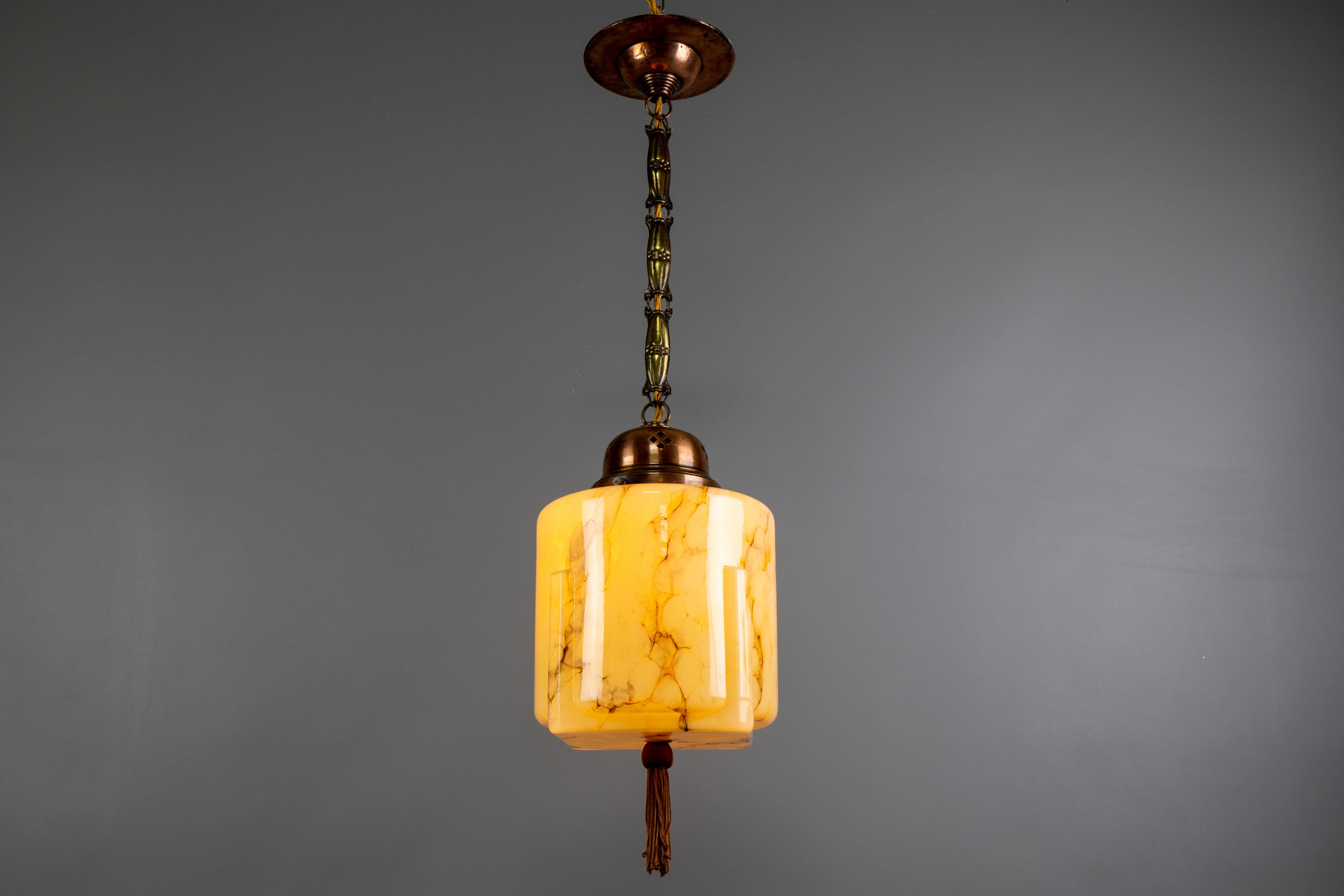 German Art Deco Marbled Amber Color Glass and Copper Pendant Light, 1930s For Sale 10