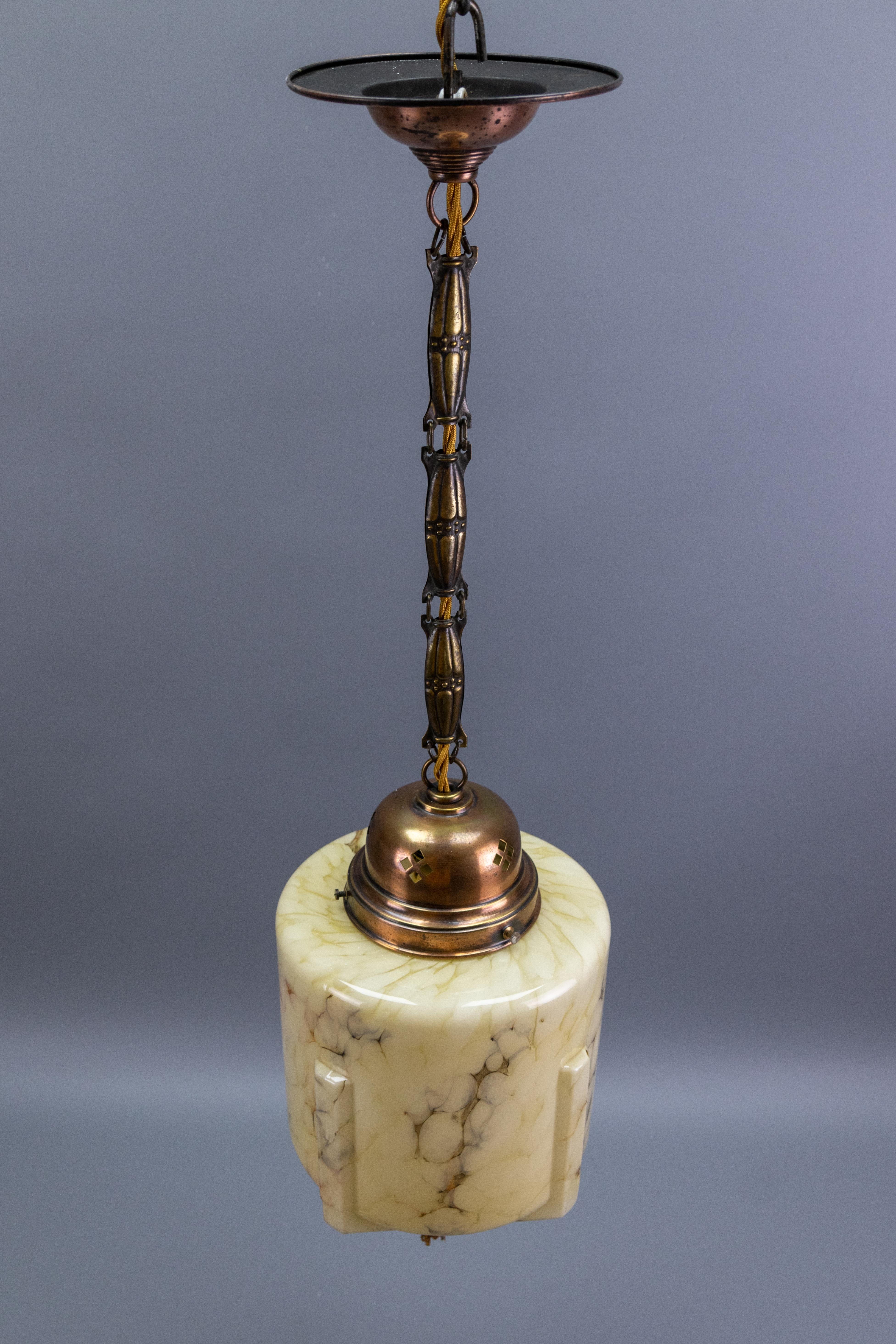 German Art Deco Marbled Amber Color Glass and Copper Pendant Light, 1930s For Sale 11