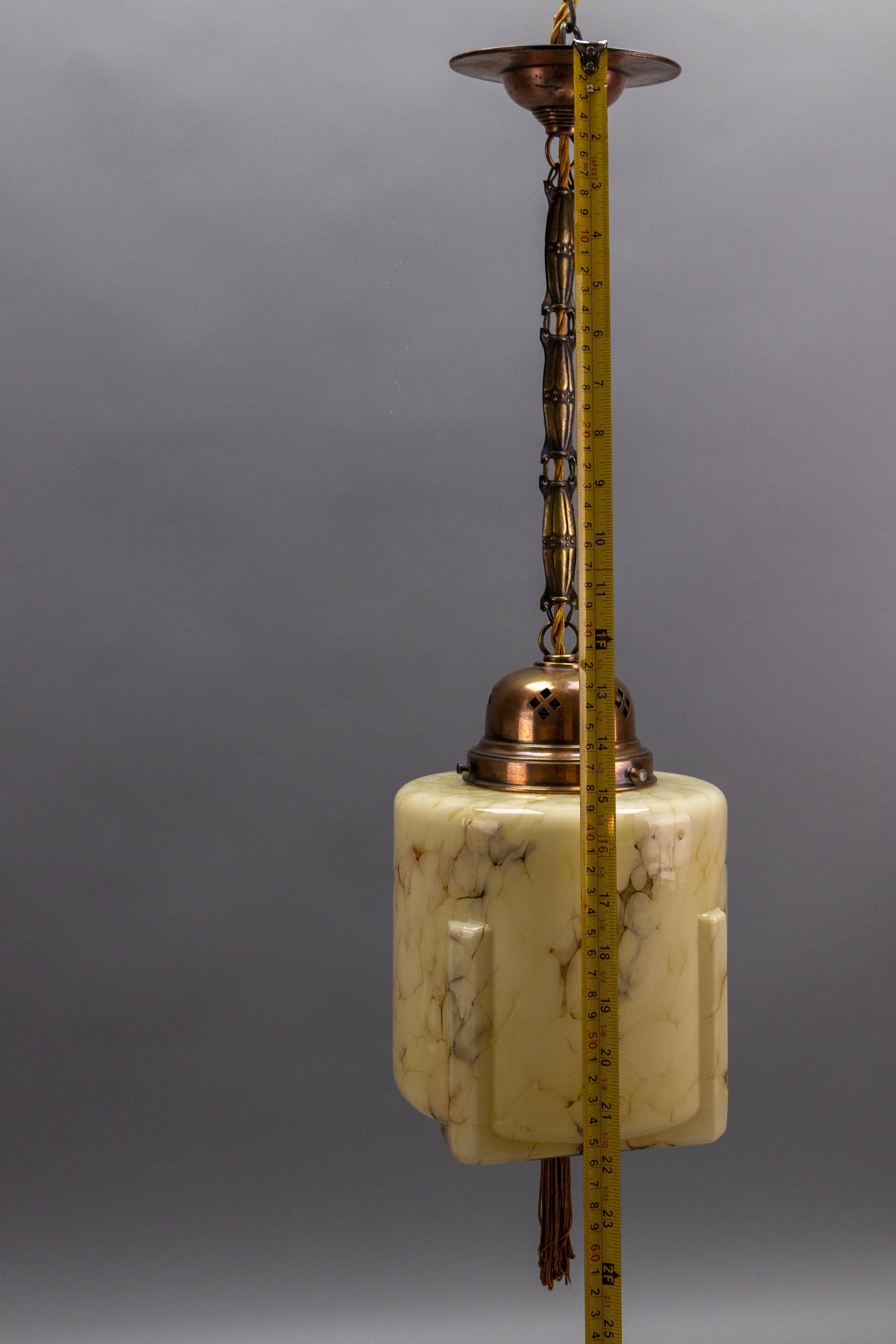 German Art Deco Marbled Amber Color Glass and Copper Pendant Light, 1930s For Sale 12