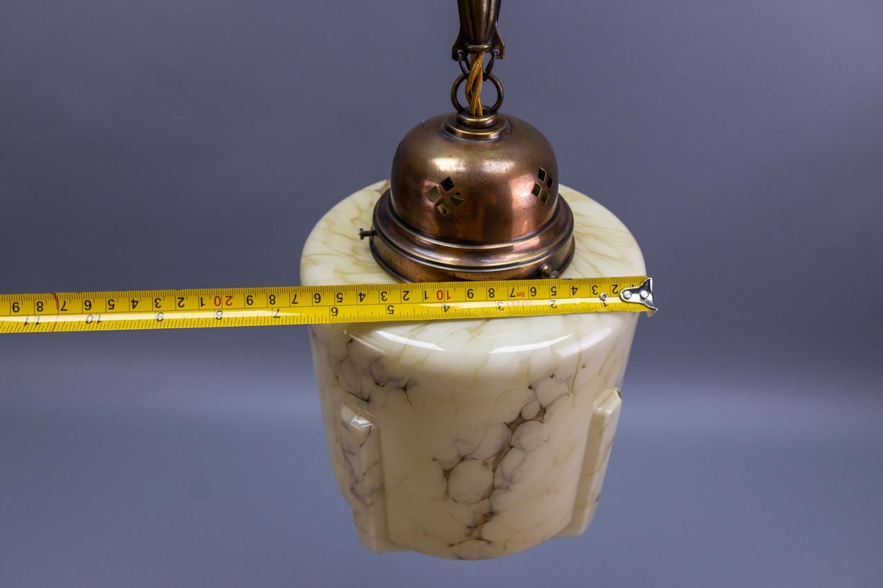 German Art Deco Marbled Amber Color Glass and Copper Pendant Light, 1930s For Sale 13