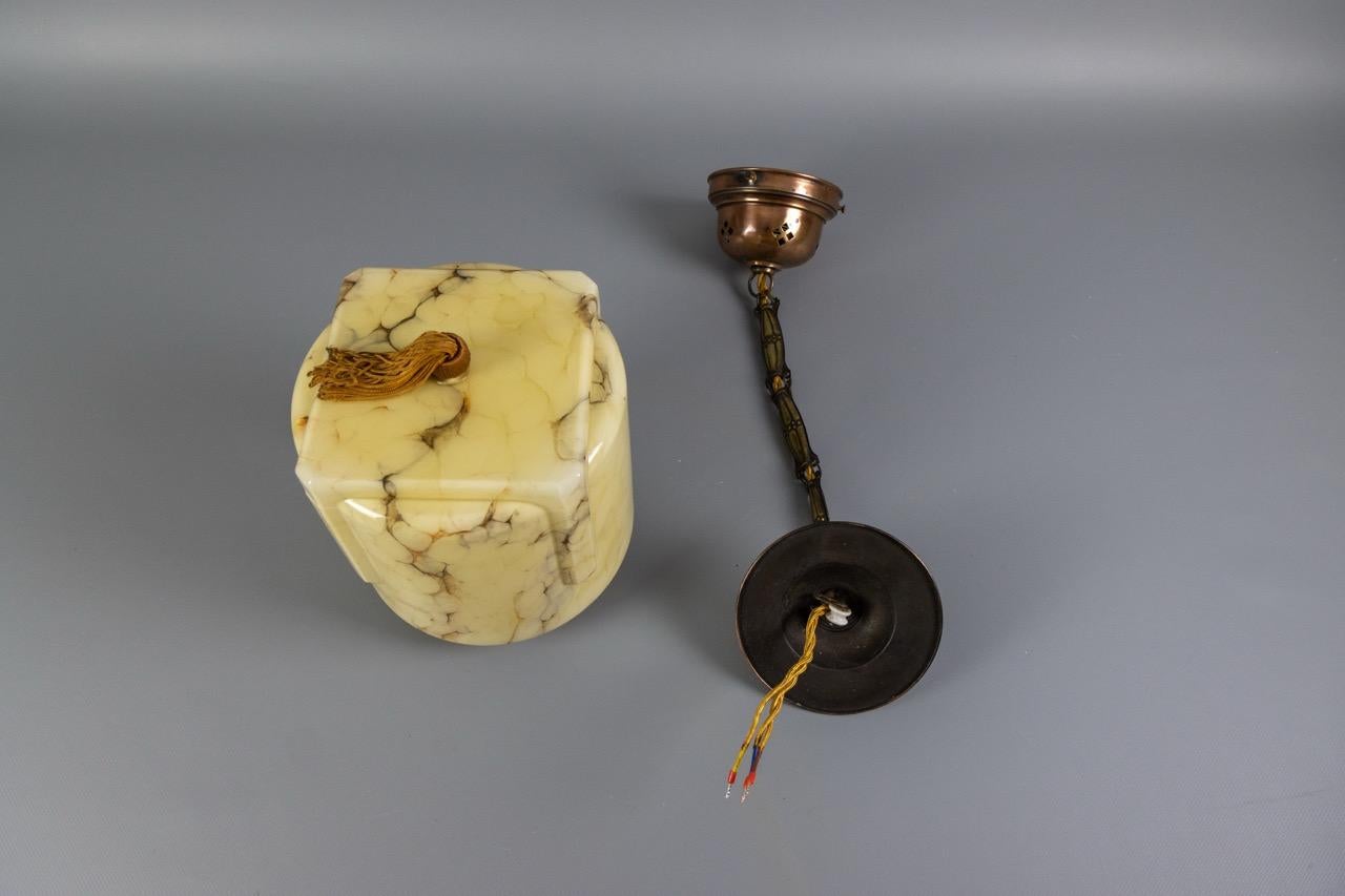 German Art Deco Marbled Amber Color Glass and Copper Pendant Light, 1930s For Sale 14