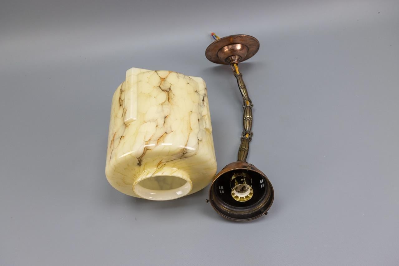 German Art Deco Marbled Amber Color Glass and Copper Pendant Light, 1930s For Sale 15