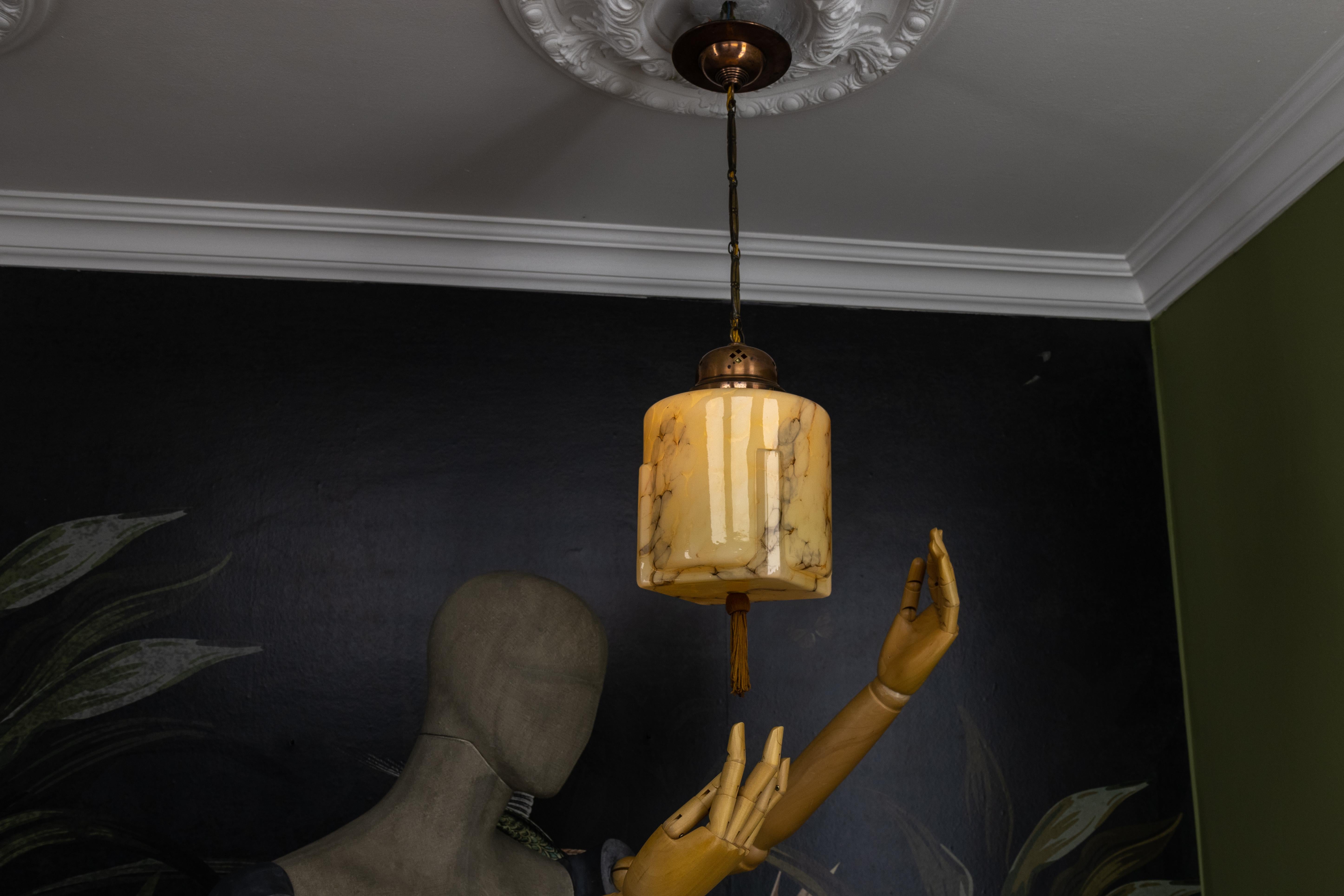 German Art Deco Marbled Amber Color Glass and Copper Pendant Light, 1930s For Sale 1