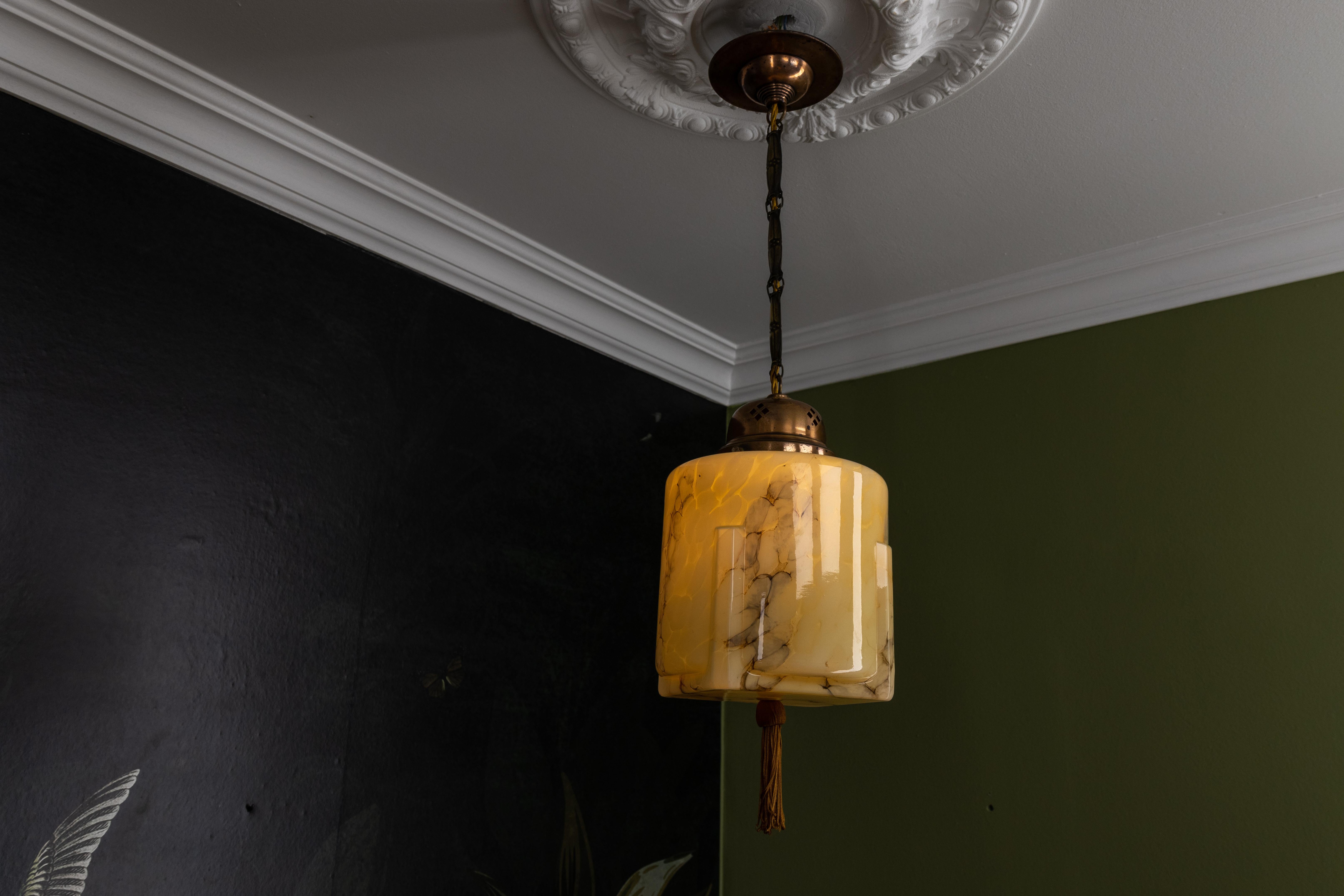 German Art Deco Marbled Amber Color Glass and Copper Pendant Light, 1930s For Sale 2