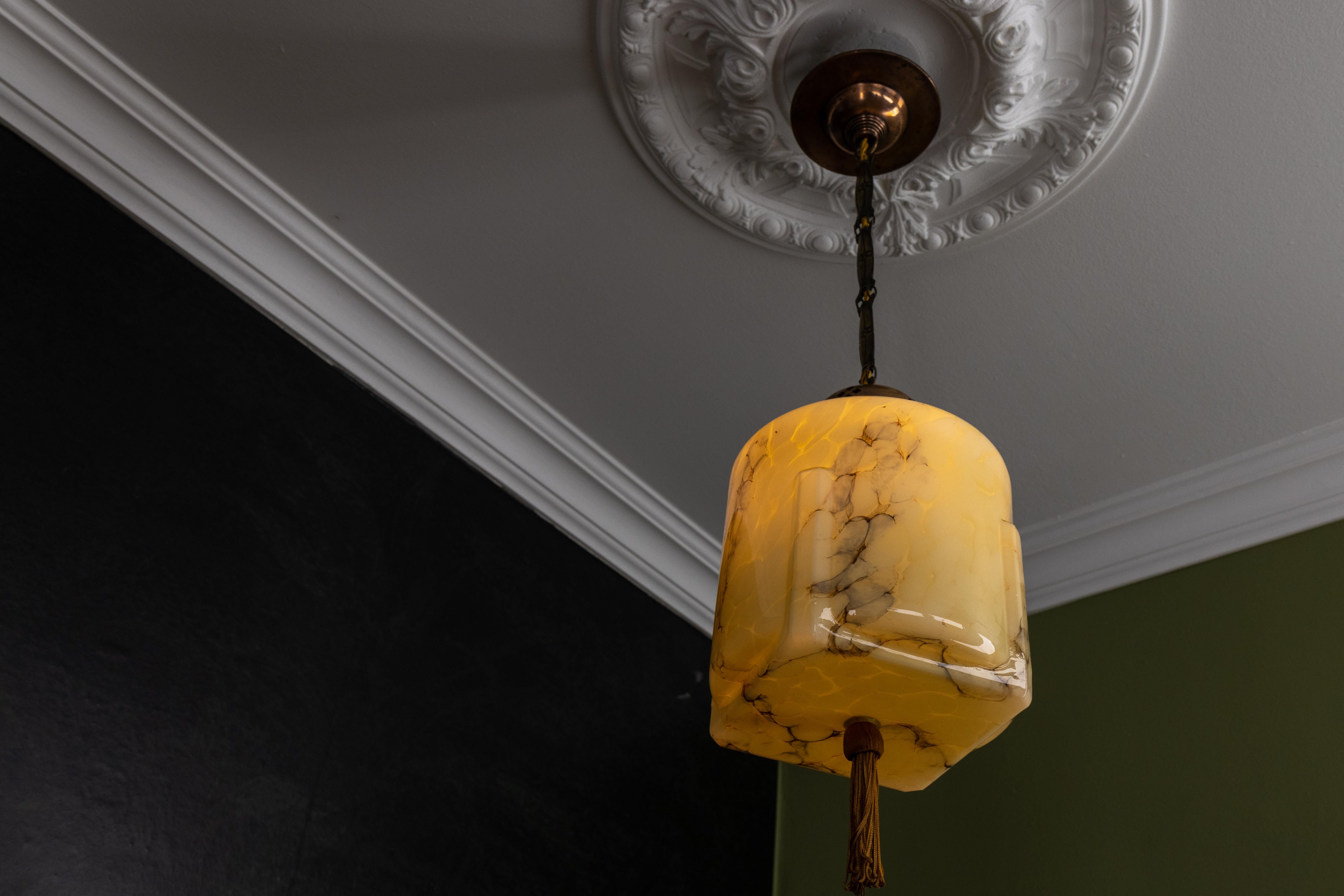German Art Deco Marbled Amber Color Glass and Copper Pendant Light, 1930s For Sale 3