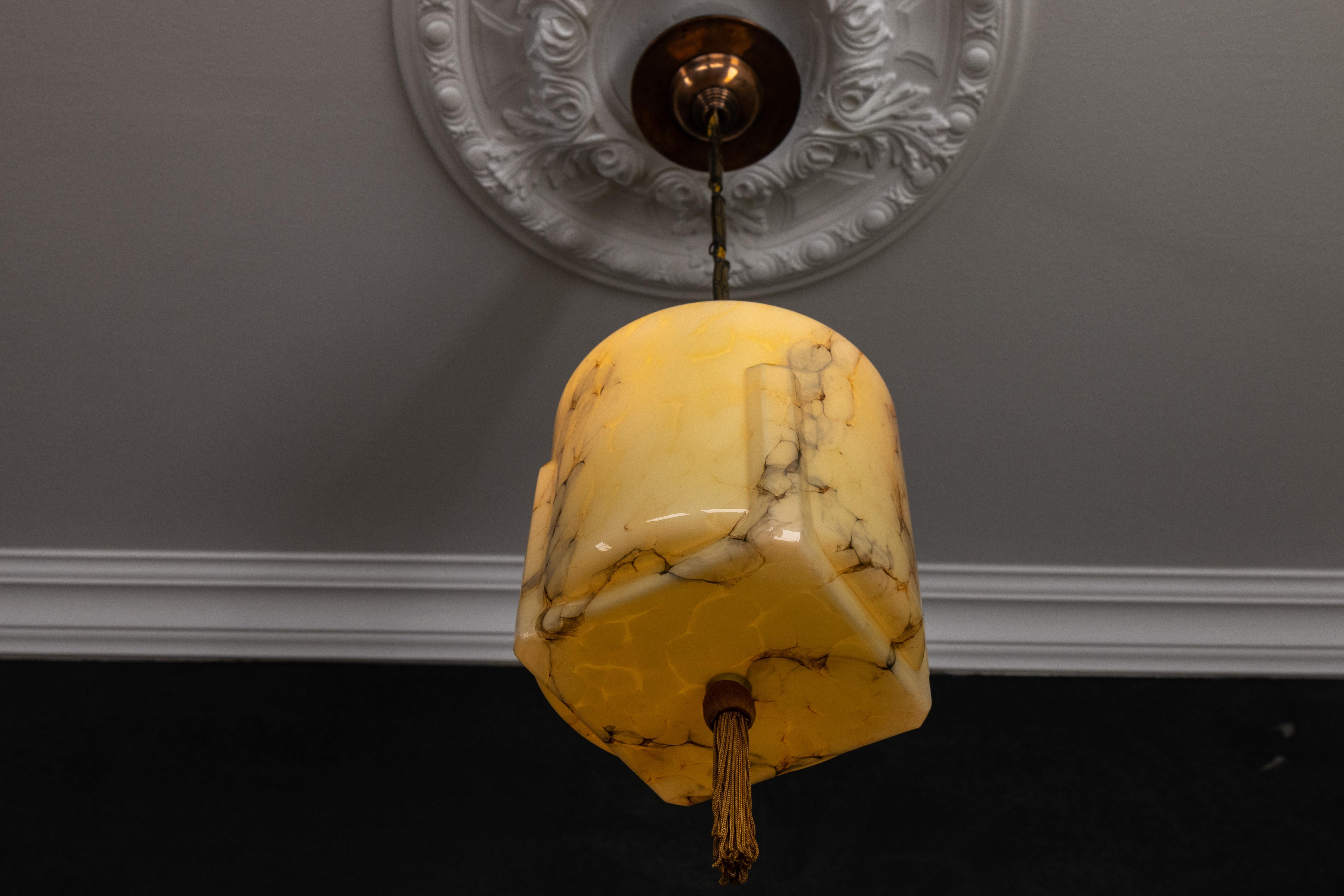 German Art Deco Marbled Amber Color Glass and Copper Pendant Light, 1930s For Sale 4