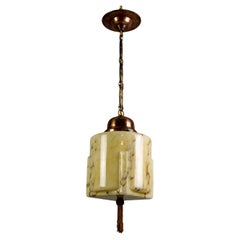 German Art Deco Marbled Amber Color Glass and Copper Pendant Light, 1930s