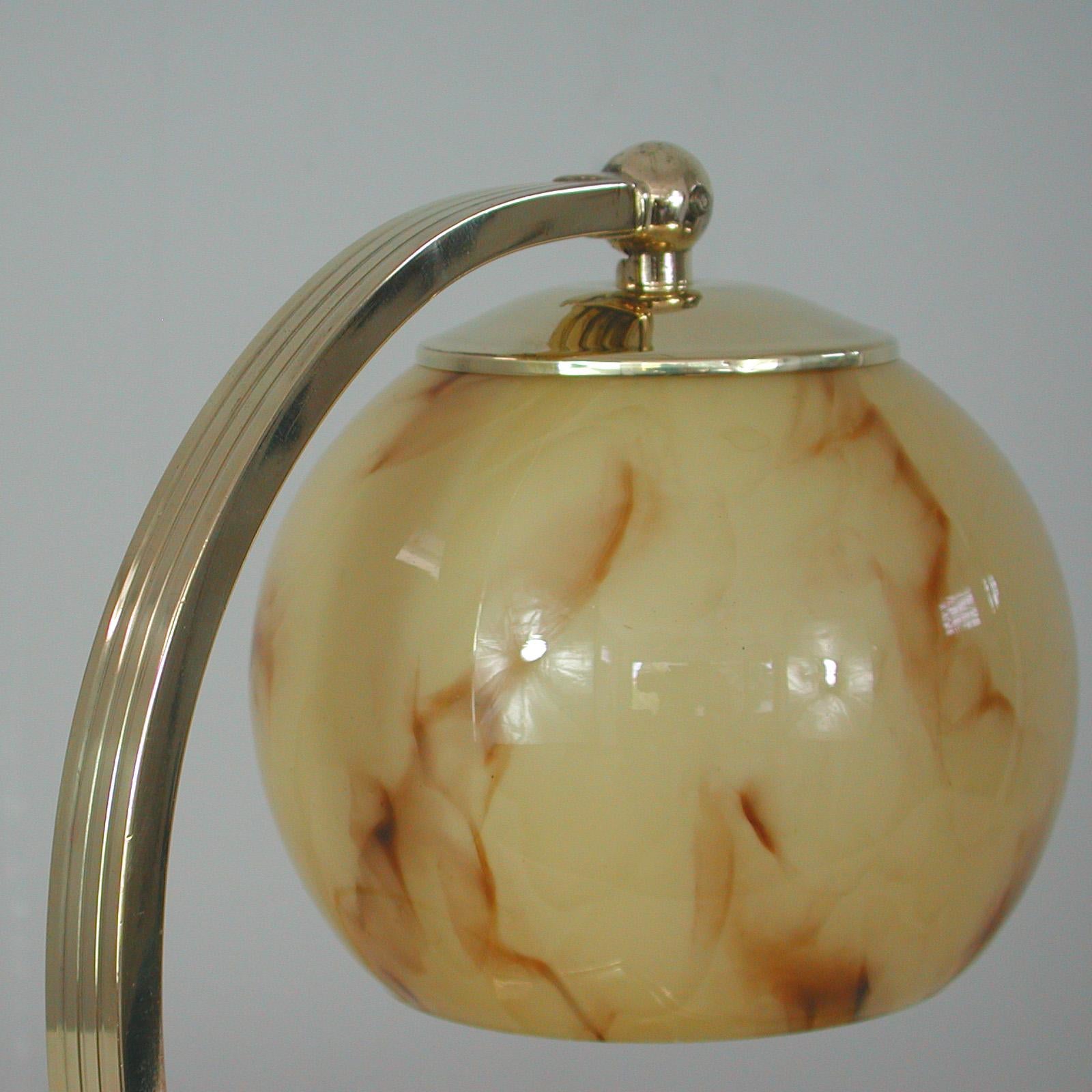 German Art Deco Marbled Opaline Glass & Brass Table Lamp, 1930s For Sale 6