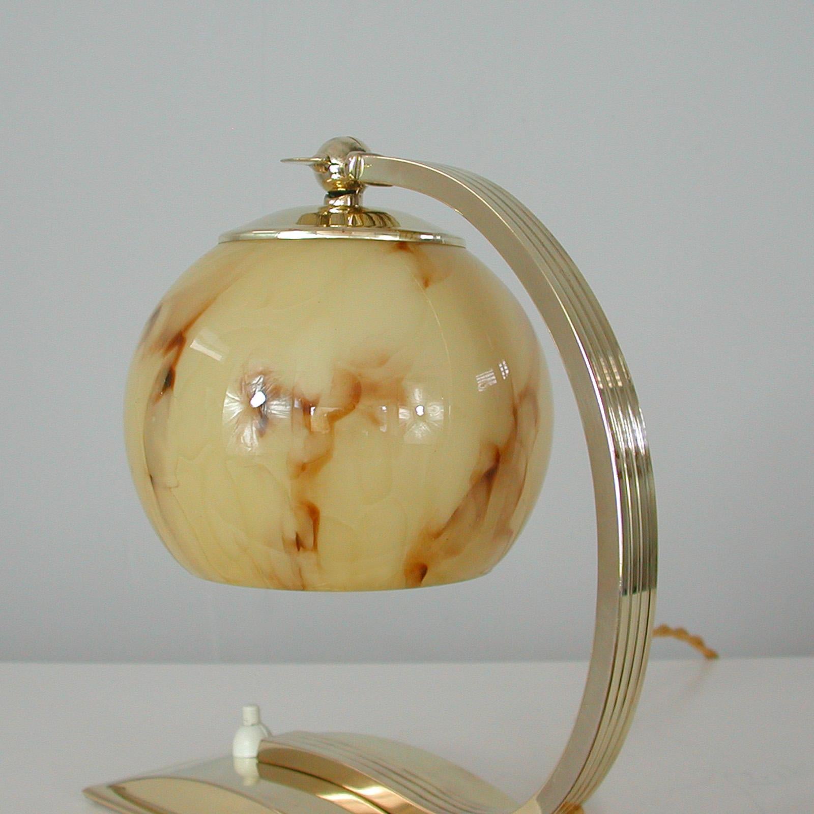 German Art Deco Marbled Opaline Glass & Brass Table Lamp, 1930s For Sale 7