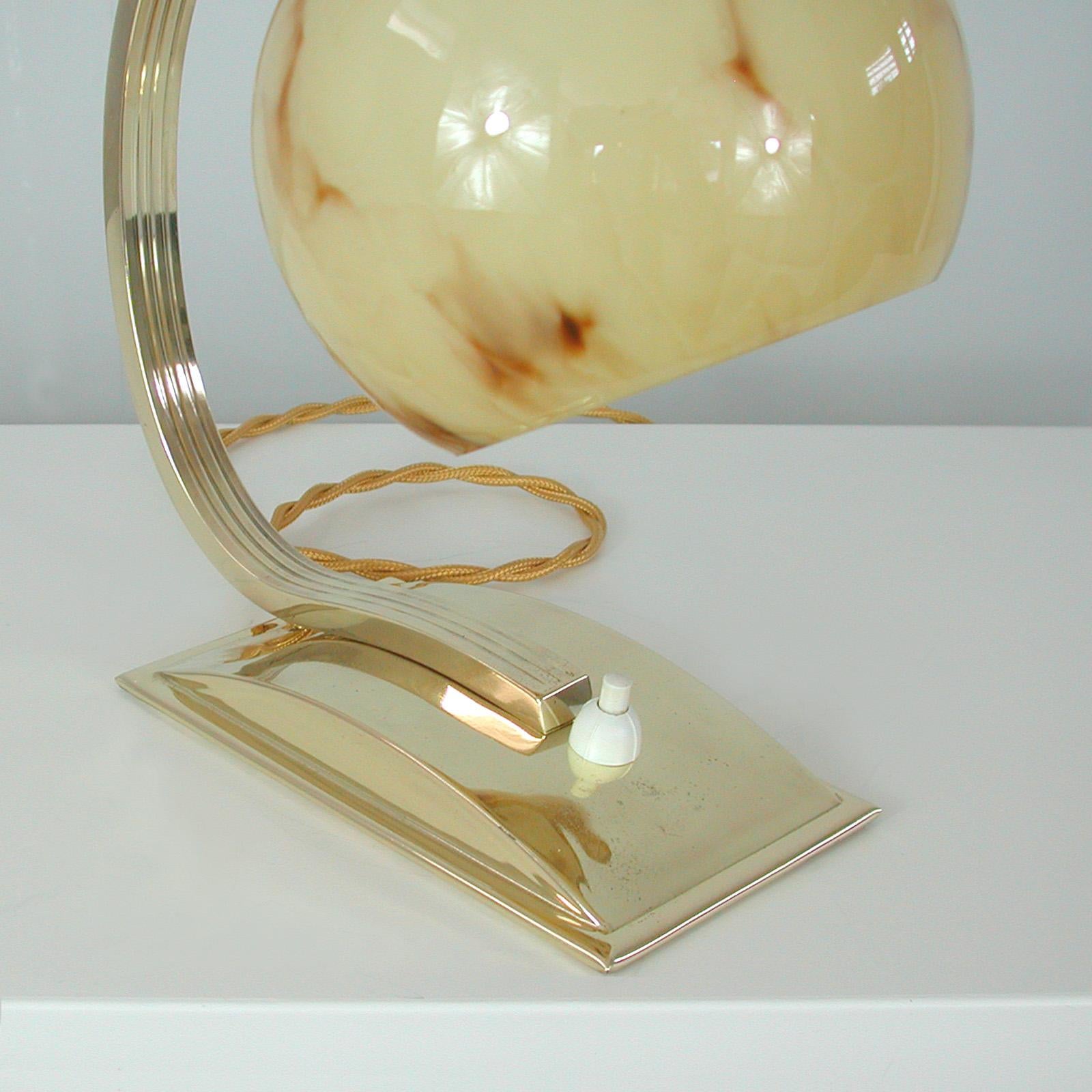 German Art Deco Marbled Opaline Glass & Brass Table Lamp, 1930s For Sale 9