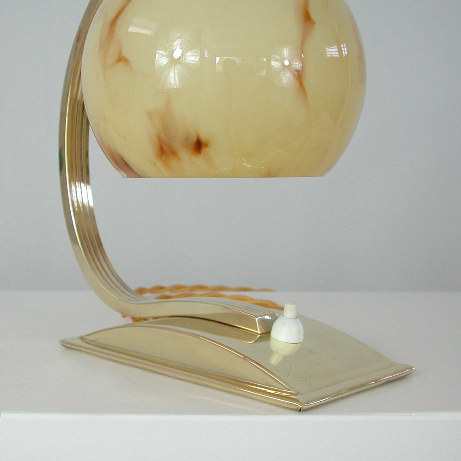 German Art Deco Marbled Opaline Glass & Brass Table Lamp, 1930s For Sale 11