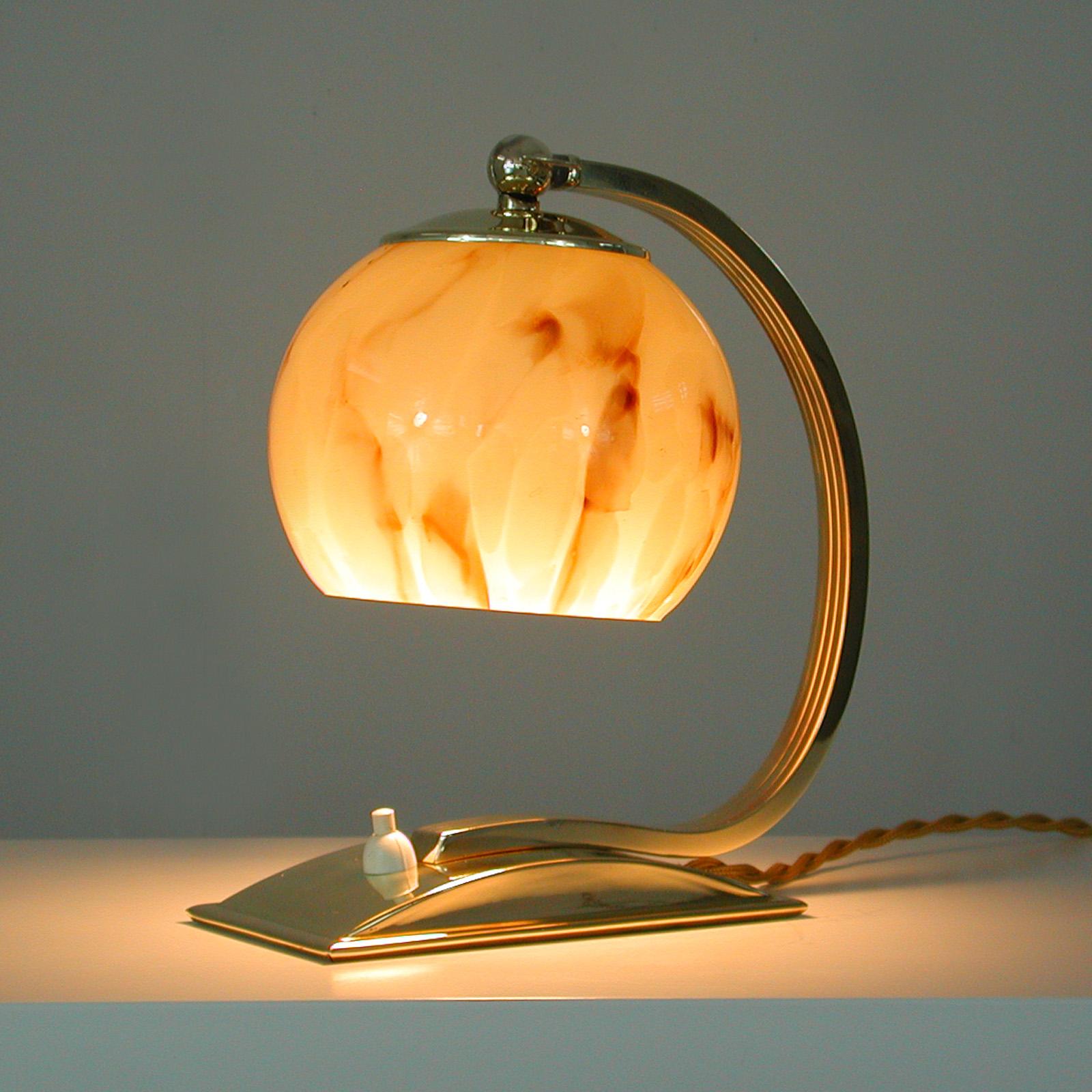 Mid-20th Century German Art Deco Marbled Opaline Glass & Brass Table Lamp, 1930s For Sale