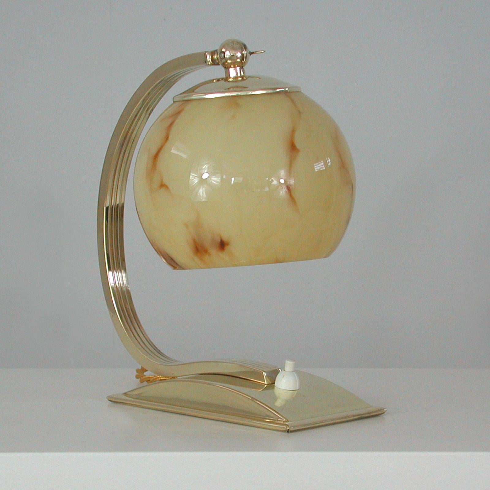 German Art Deco Marbled Opaline Glass & Brass Table Lamp, 1930s For Sale 1