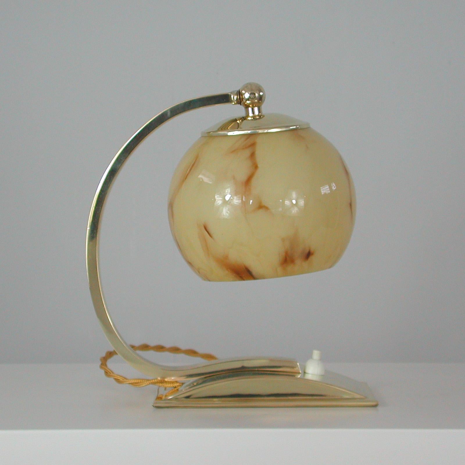 German Art Deco Marbled Opaline Glass & Brass Table Lamp, 1930s For Sale 3