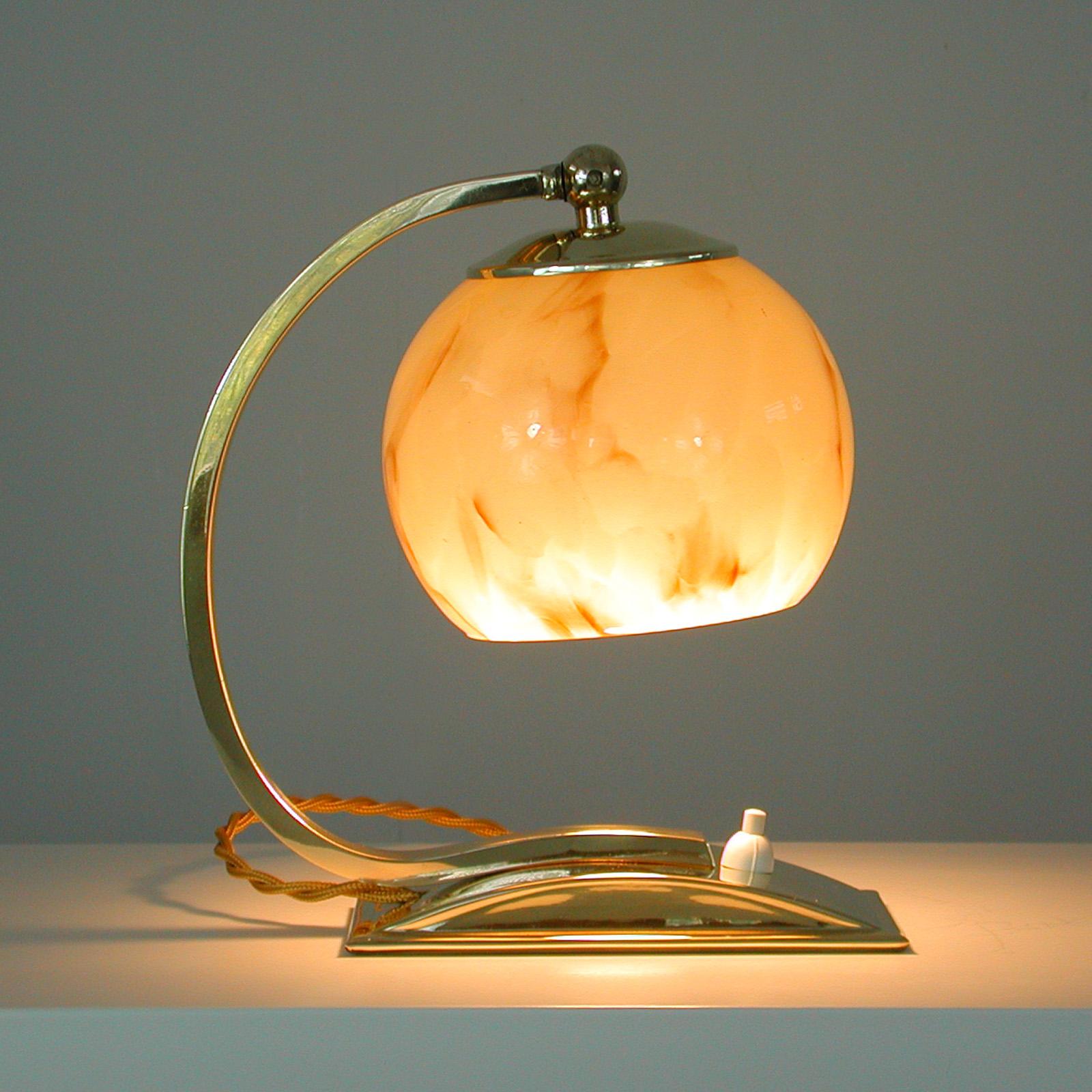 German Art Deco Marbled Opaline Glass & Brass Table Lamp, 1930s For Sale 4