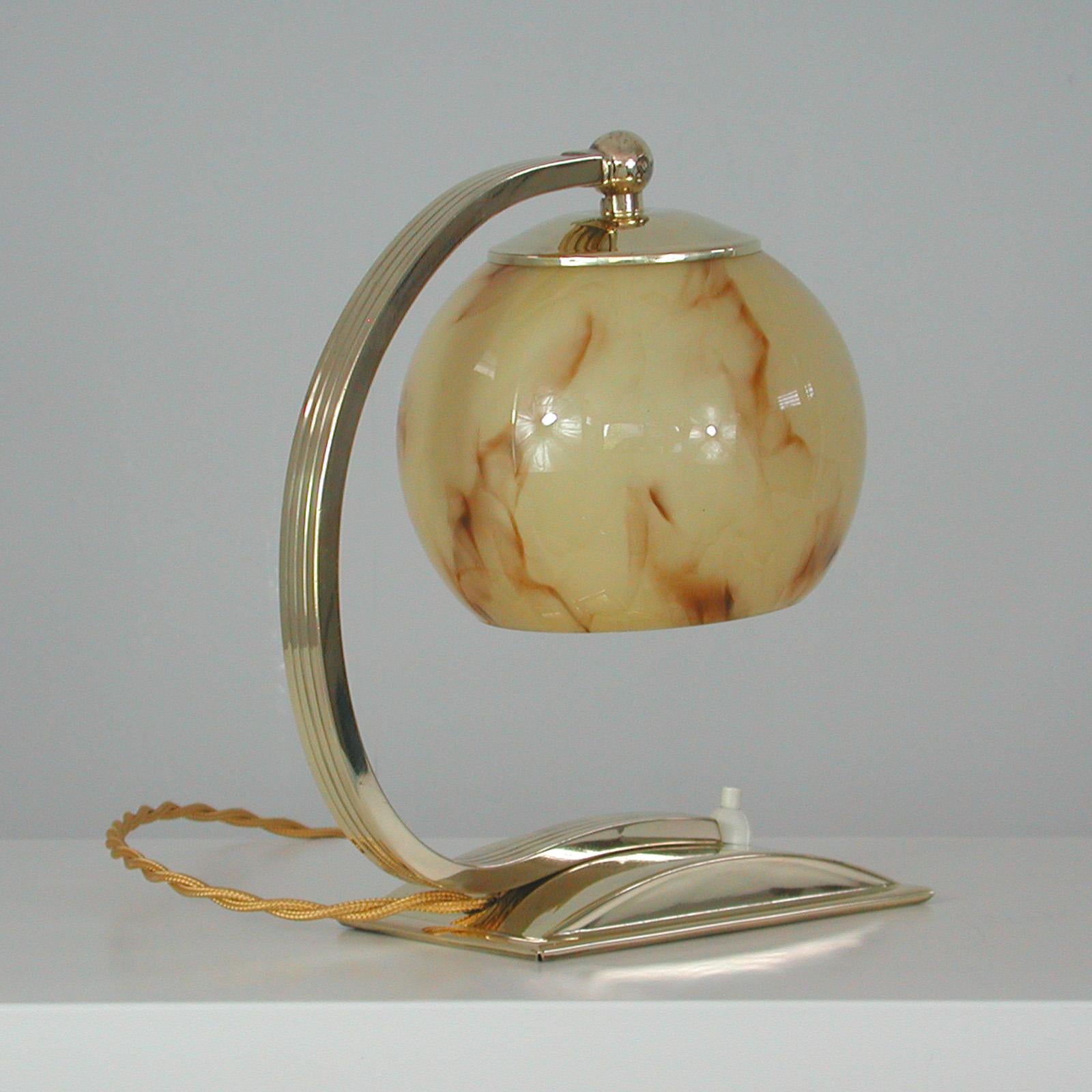 German Art Deco Marbled Opaline Glass & Brass Table Lamp, 1930s For Sale 5