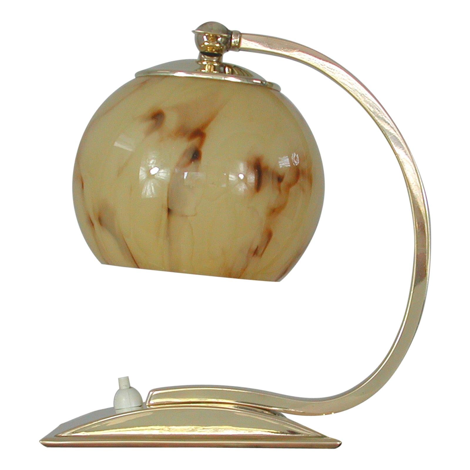 German Art Deco Marbled Opaline Glass & Brass Table Lamp, 1930s