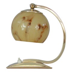 Vintage German Art Deco Marbled Opaline Glass & Brass Table Lamp, 1930s