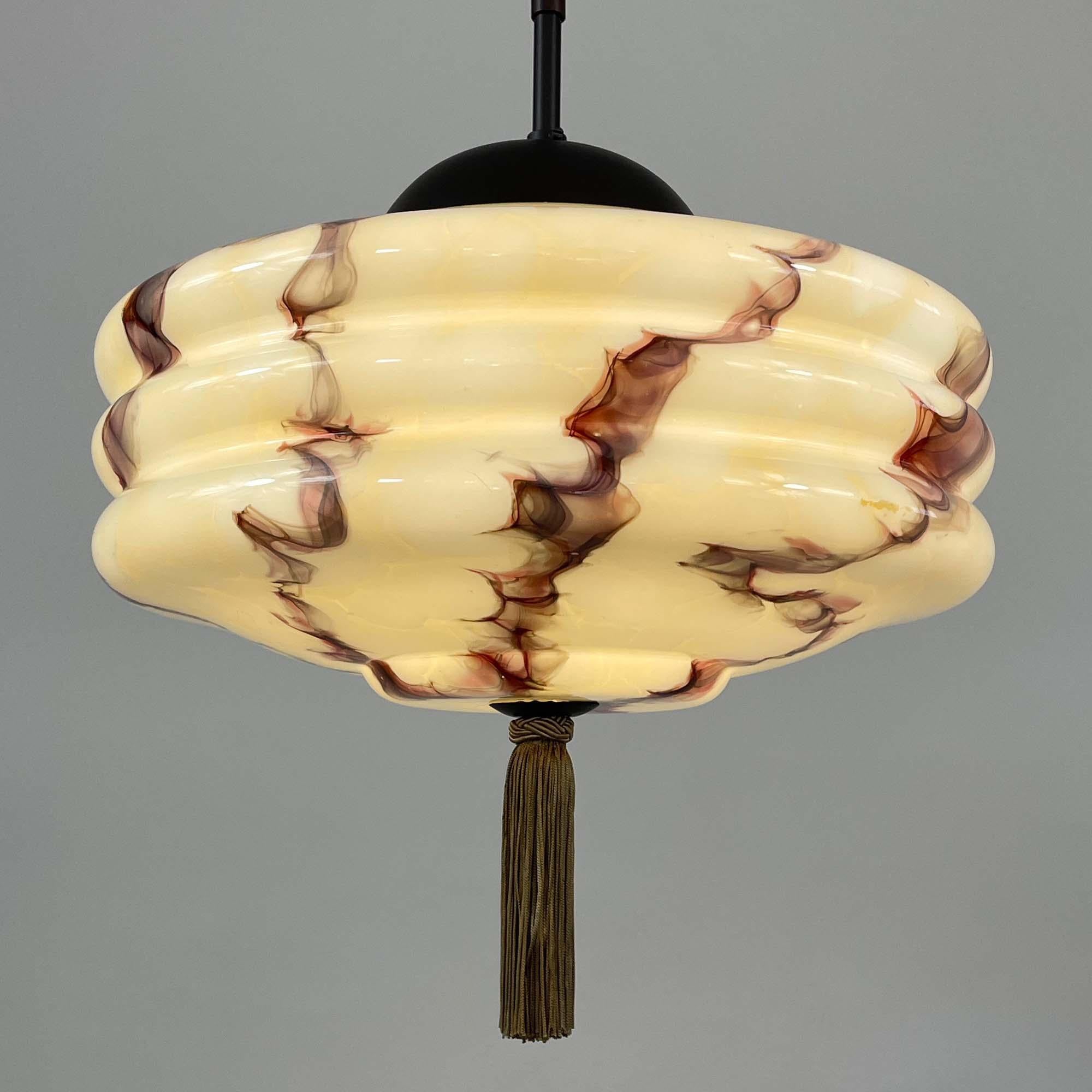 German Art Deco Marbled Opaline Glass & Bronzed Brass Pendant, 1920s to 1930s 9