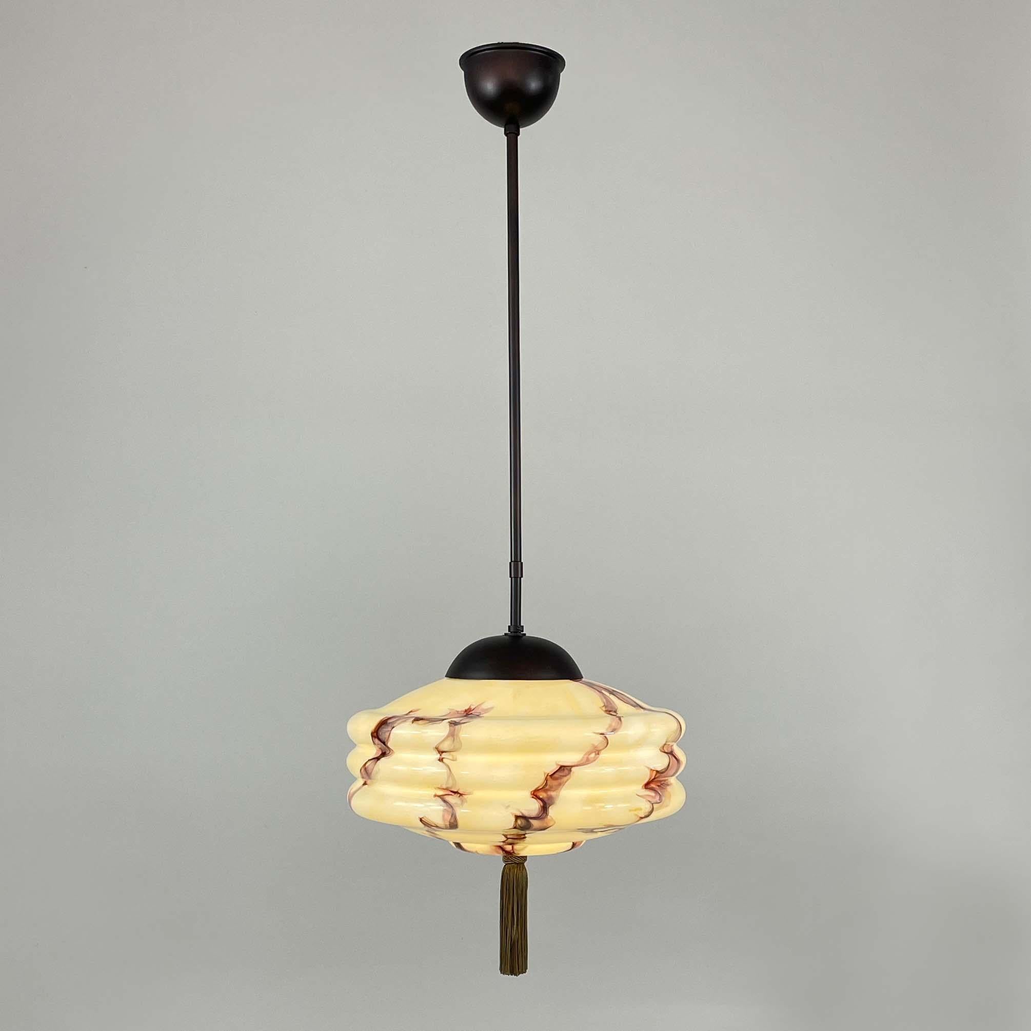 Mid-20th Century German Art Deco Marbled Opaline Glass & Bronzed Brass Pendant, 1920s to 1930s