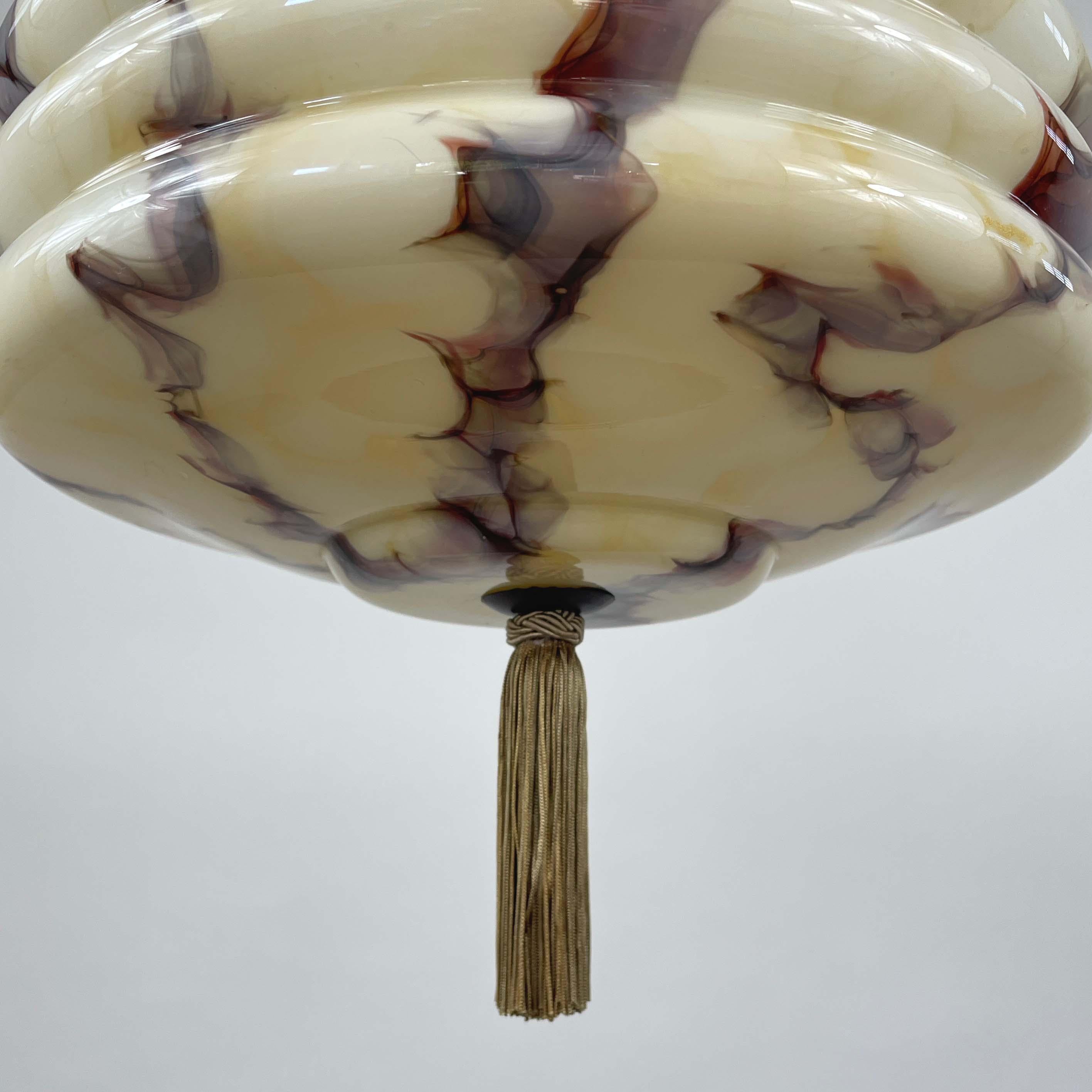 German Art Deco Marbled Opaline Glass & Bronzed Brass Pendant, 1920s to 1930s 5