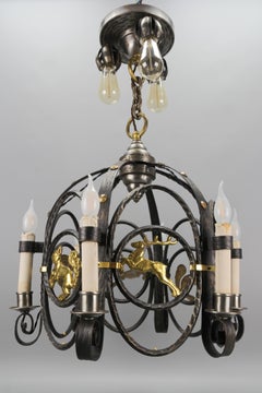 German Art Deco Nine-Light Wrought Iron and Brass Chandelier with Animals, 1920s