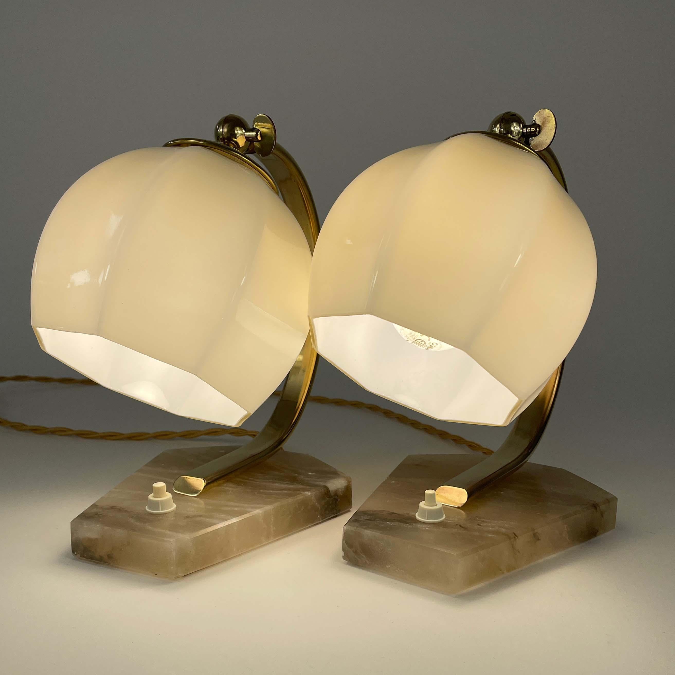 German Art Deco Opaline Glass, Alabaster and Brass Table Lamps, 1930s 3