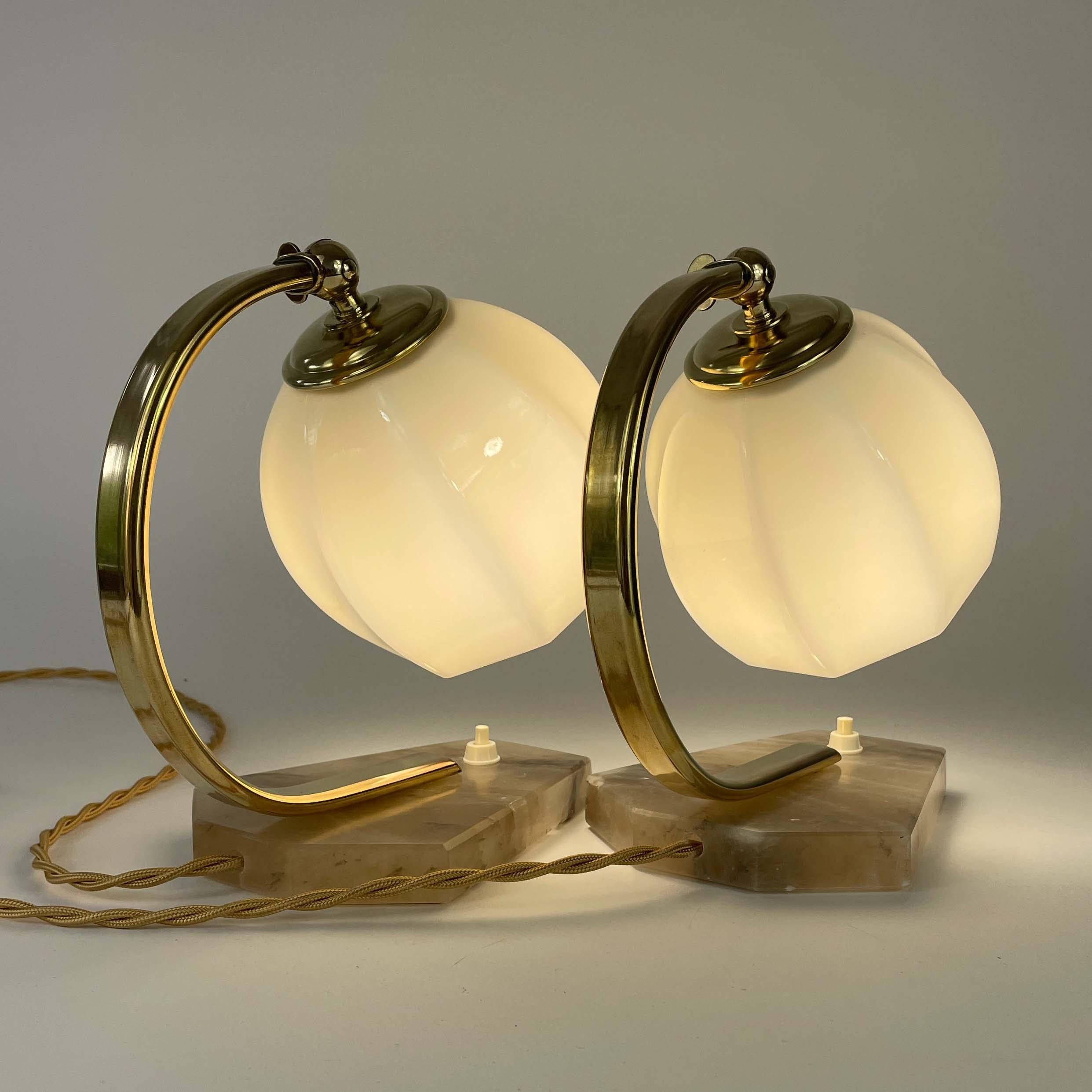 German Art Deco Opaline Glass, Alabaster and Brass Table Lamps, 1930s 4