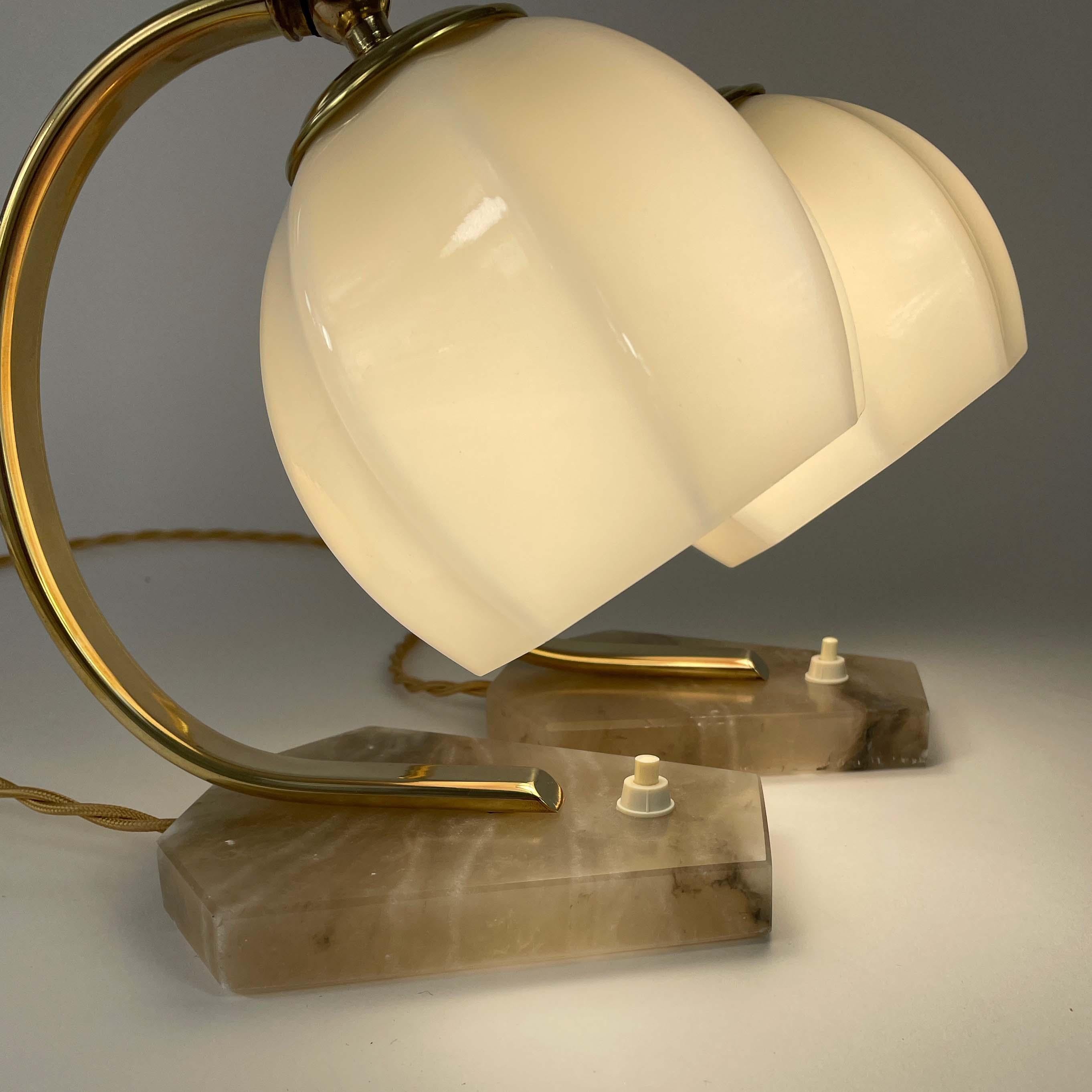 German Art Deco Opaline Glass, Alabaster and Brass Table Lamps, 1930s 6