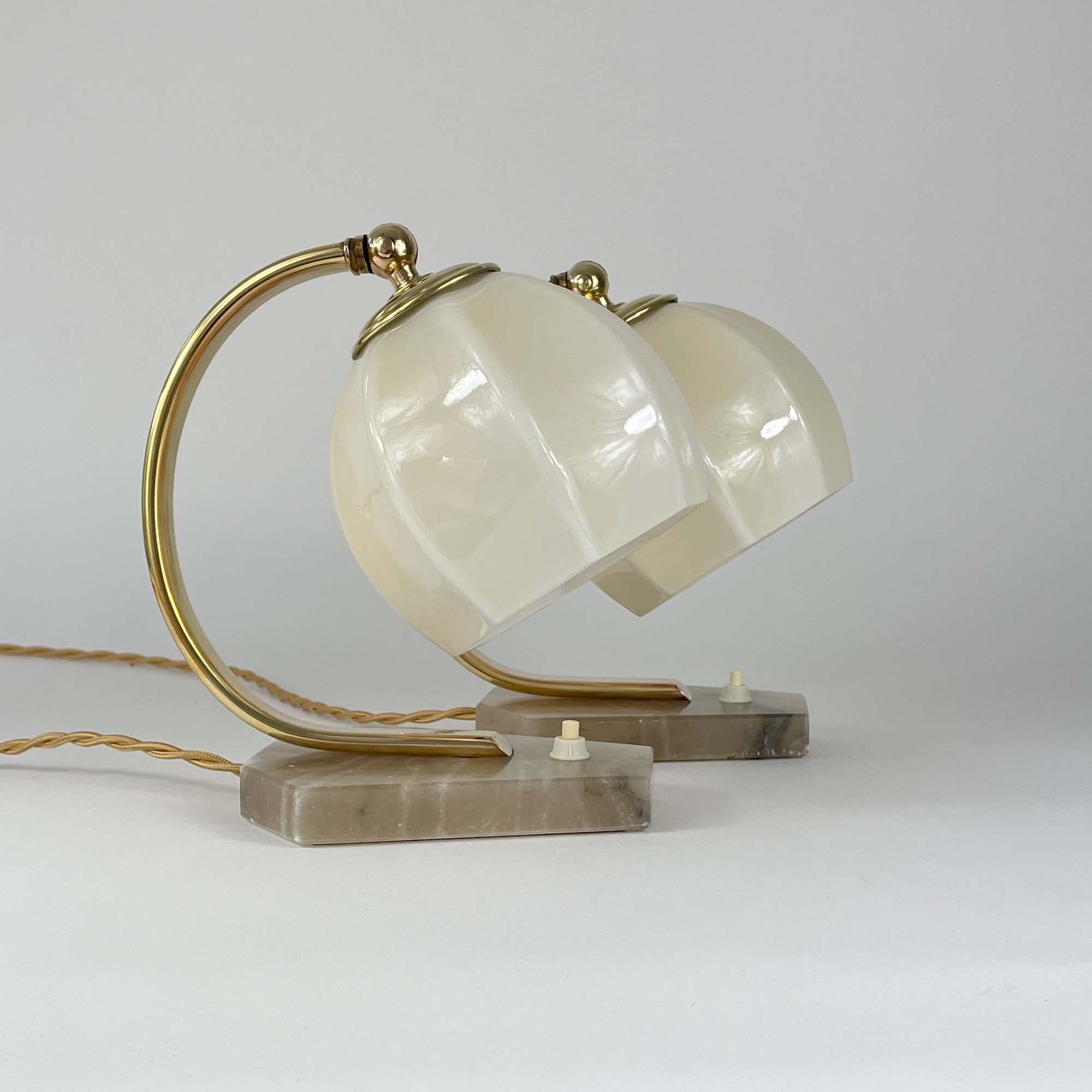 German Art Deco Opaline Glass, Alabaster and Brass Table Lamps, 1930s 7