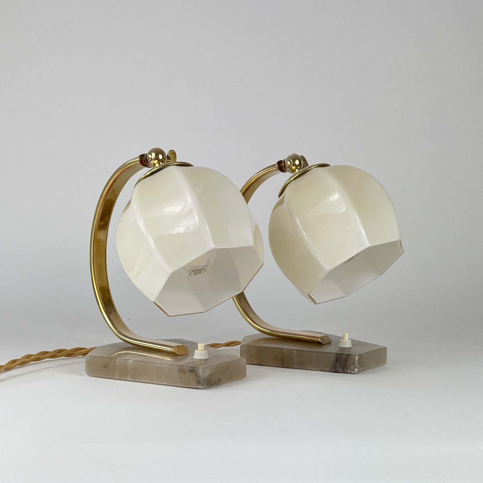 German Art Deco Opaline Glass, Alabaster and Brass Table Lamps, 1930s In Good Condition In NUEMBRECHT, NRW